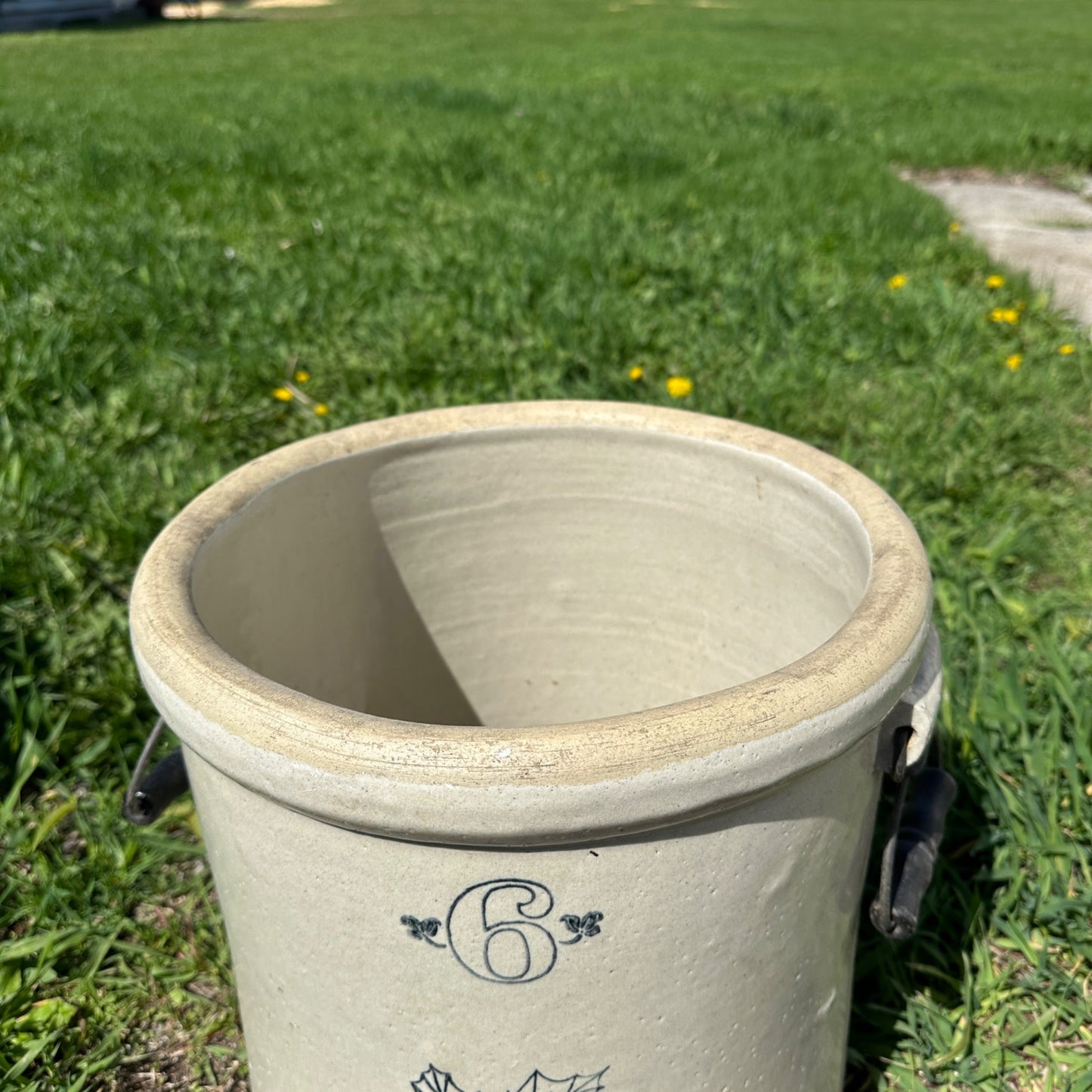 6 Gallon Western Stoneware Crock w/ Oak Leaf Bail Handles Primitive Country Store