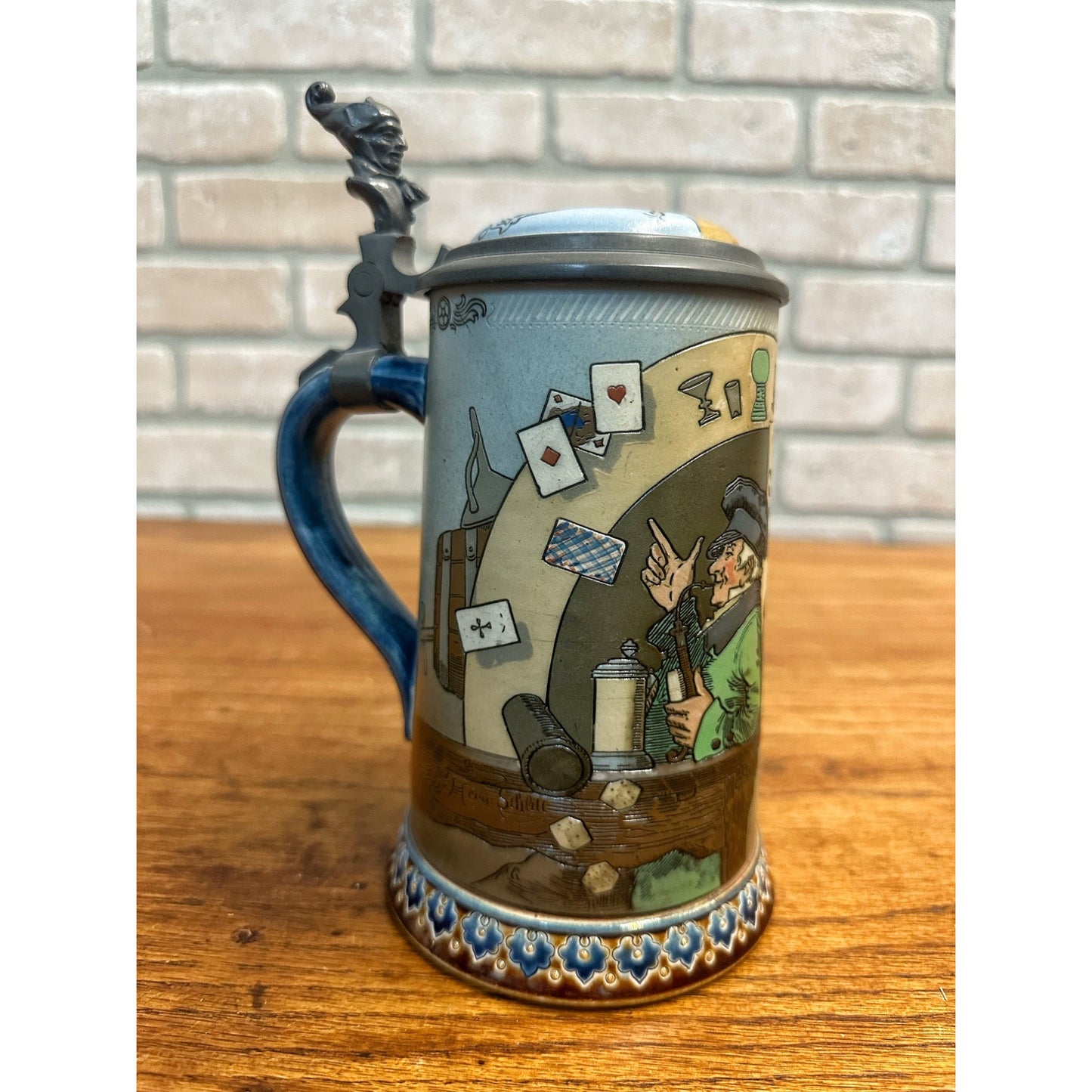Original German Mettlach #2090 Card Playing 8" Beer Stein Mug Antique Vintage