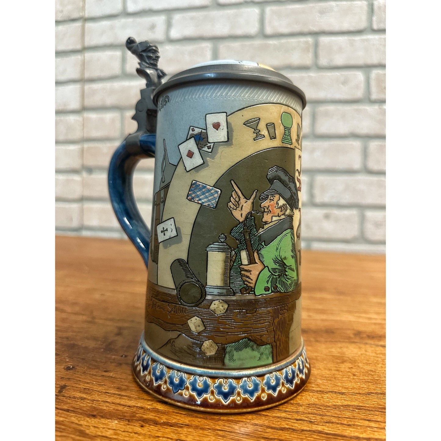 Original German Mettlach #2090 Card Playing 8" Beer Stein Mug Antique Vintage