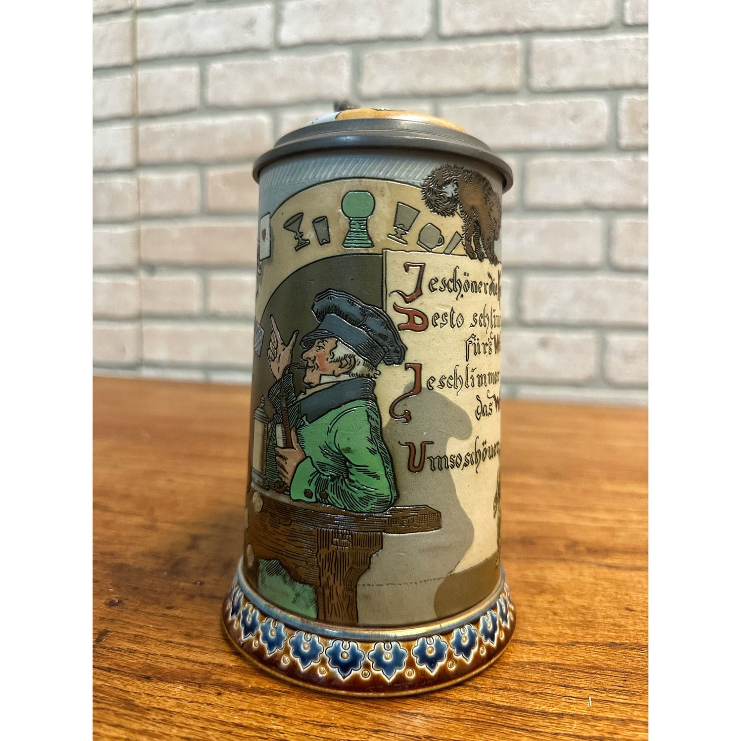 Original German Mettlach #2090 Card Playing 8" Beer Stein Mug Antique Vintage