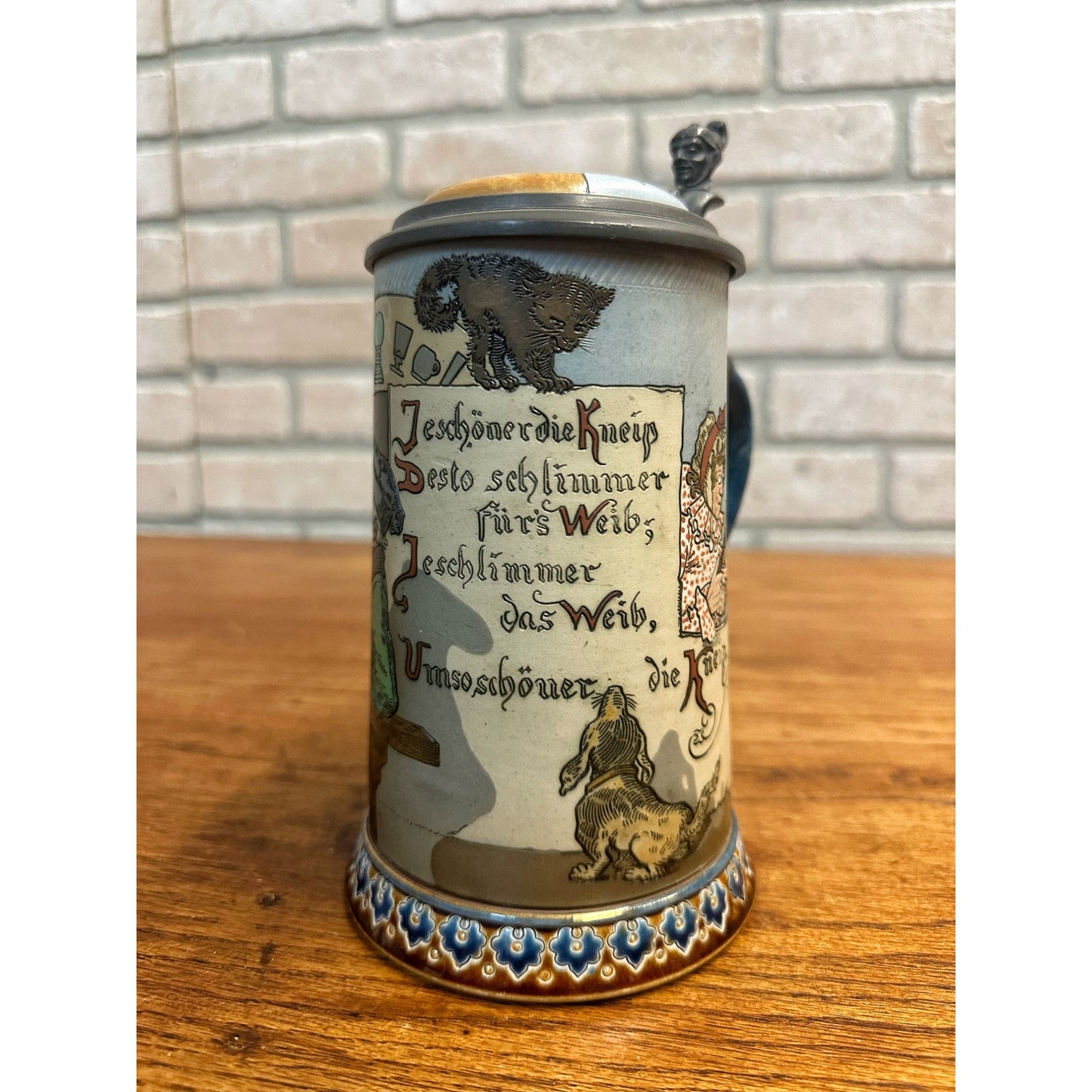 Original German Mettlach #2090 Card Playing 8" Beer Stein Mug Antique Vintage