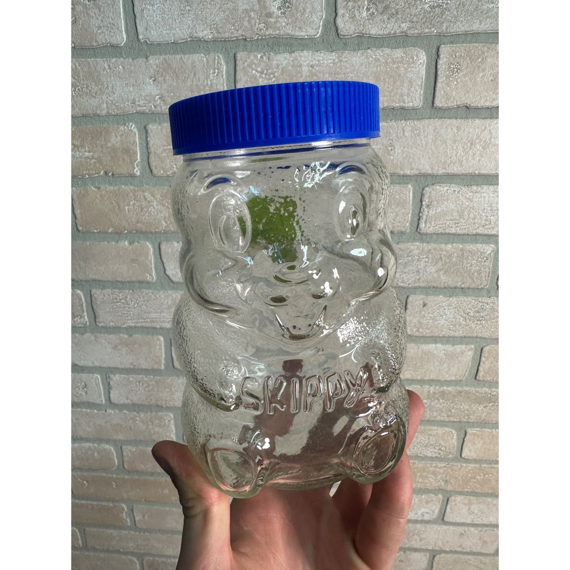 Vintage 1990s Skippy Peanut Butter Bear Glass Jar w/Blue Plastic Lid