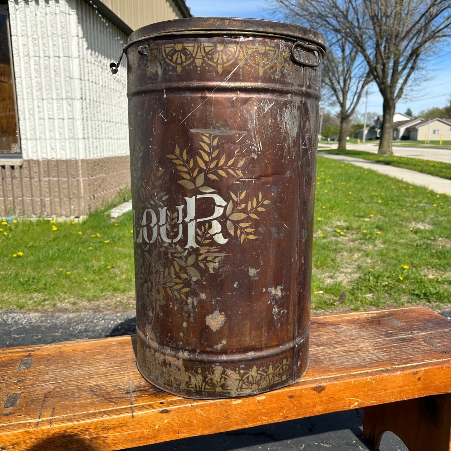Antique Early 1900s General Store Flour Stenciled Tin Bin Primitive Farmhouse