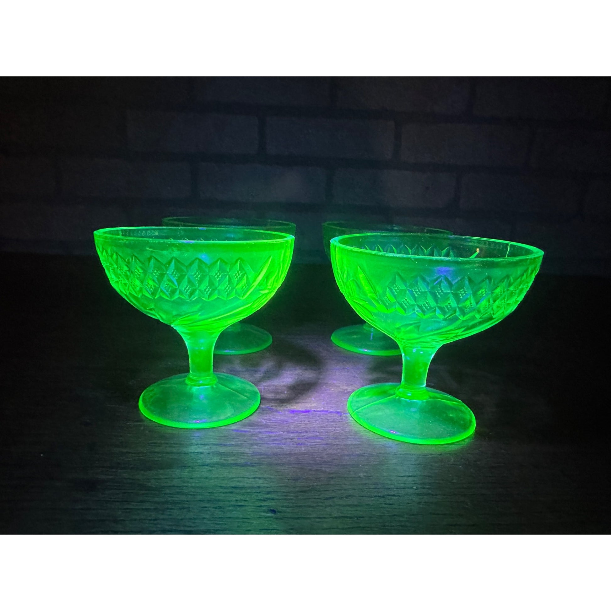 1920s Uranium US Glass Company Floral and Diamond Band 4 Sherbet Cups