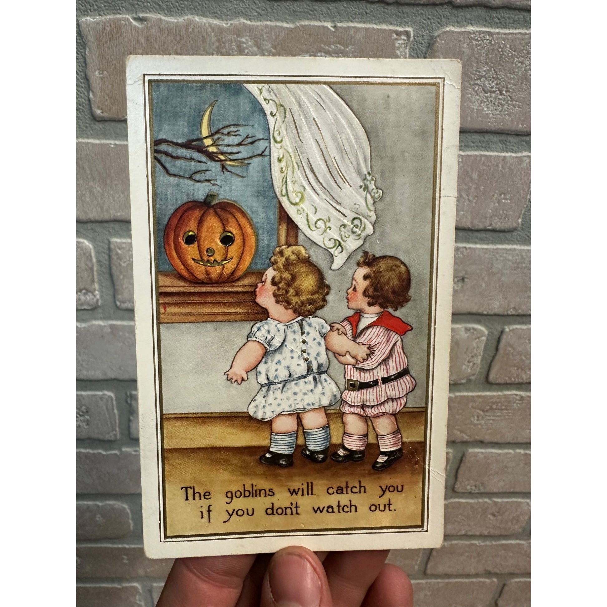 Vintage Halloween Whitney Postcard Goblins JOL Scared Children Window Moonlight