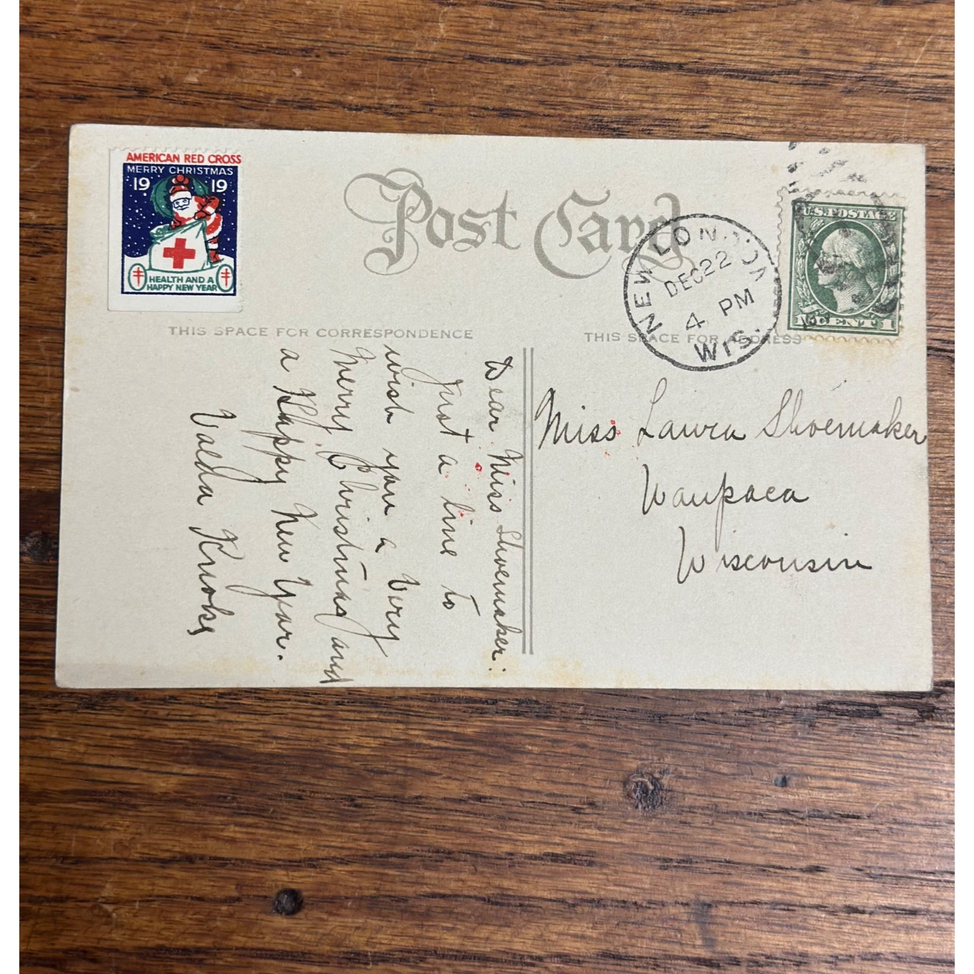 Vintage 1919 Christmas Postcard w/ Christmas Seal Tied American Red Cross