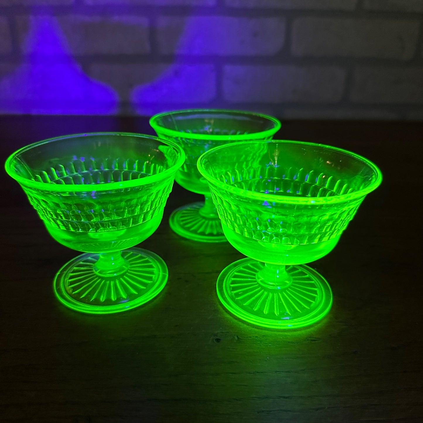 3pc Anchor Hocking Roulette Sherbert Dishes Uranium Vasline Depression Glass