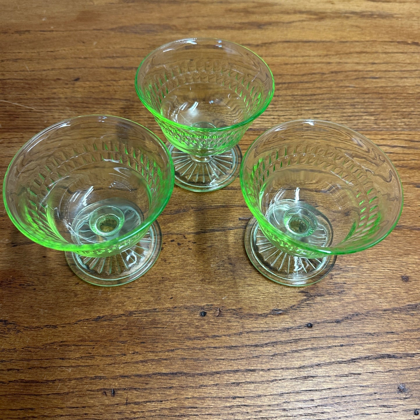 3pc Anchor Hocking Roulette Sherbert Dishes Uranium Vasline Depression Glass