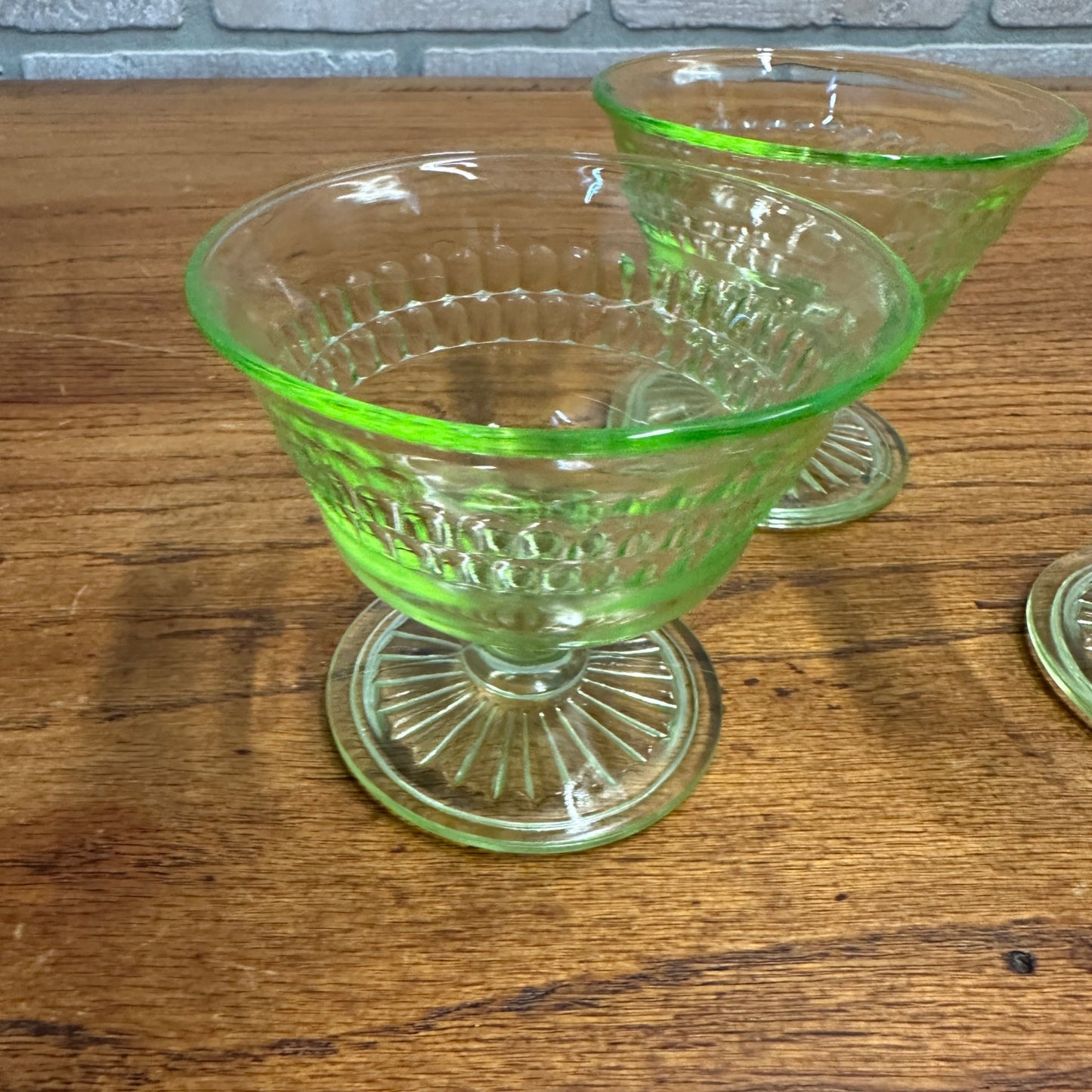 3pc Anchor Hocking Roulette Sherbert Dishes Uranium Vasline Depression Glass