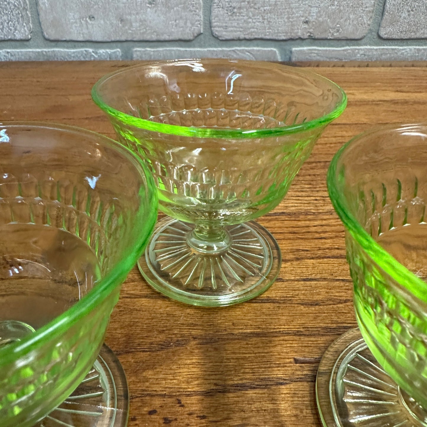 3pc Anchor Hocking Roulette Sherbert Dishes Uranium Vasline Depression Glass