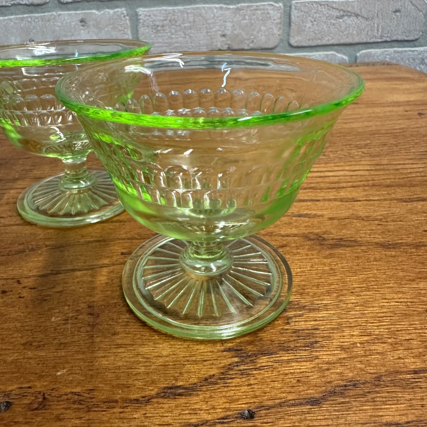 3pc Anchor Hocking Roulette Sherbert Dishes Uranium Vasline Depression Glass
