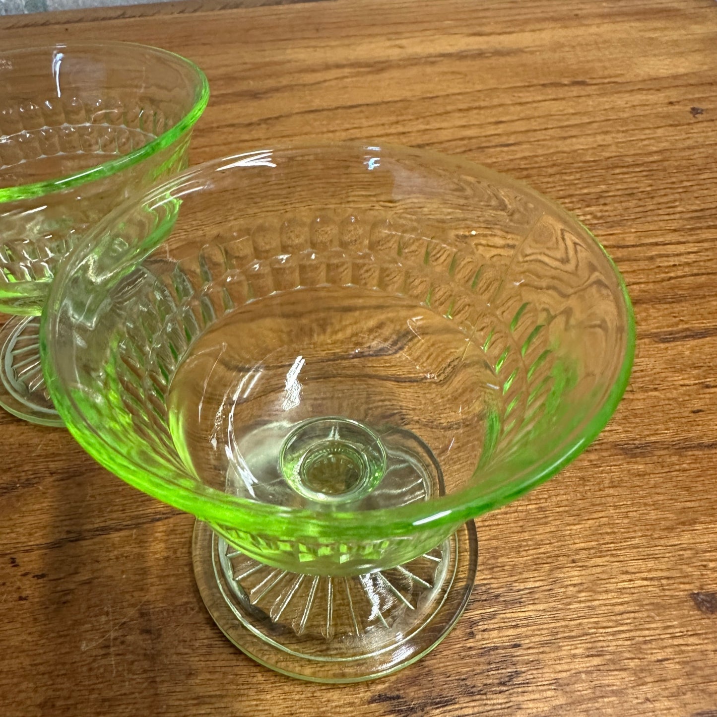 3pc Anchor Hocking Roulette Sherbert Dishes Uranium Vasline Depression Glass