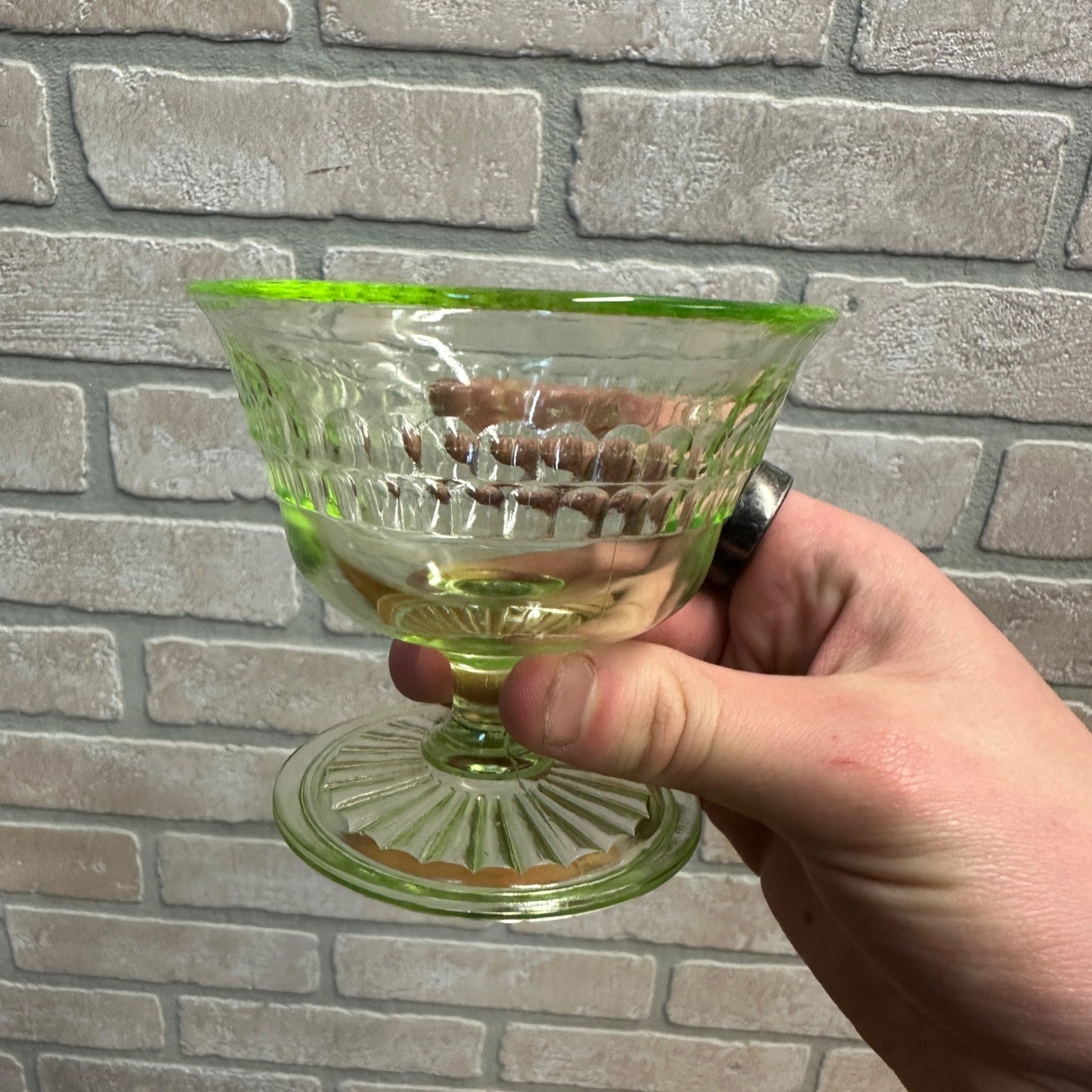 3pc Anchor Hocking Roulette Sherbert Dishes Uranium Vasline Depression Glass