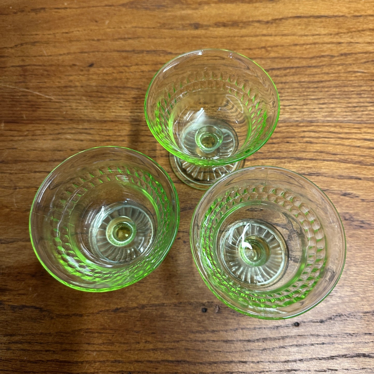 3pc Anchor Hocking Roulette Sherbert Dishes Uranium Vasline Depression Glass