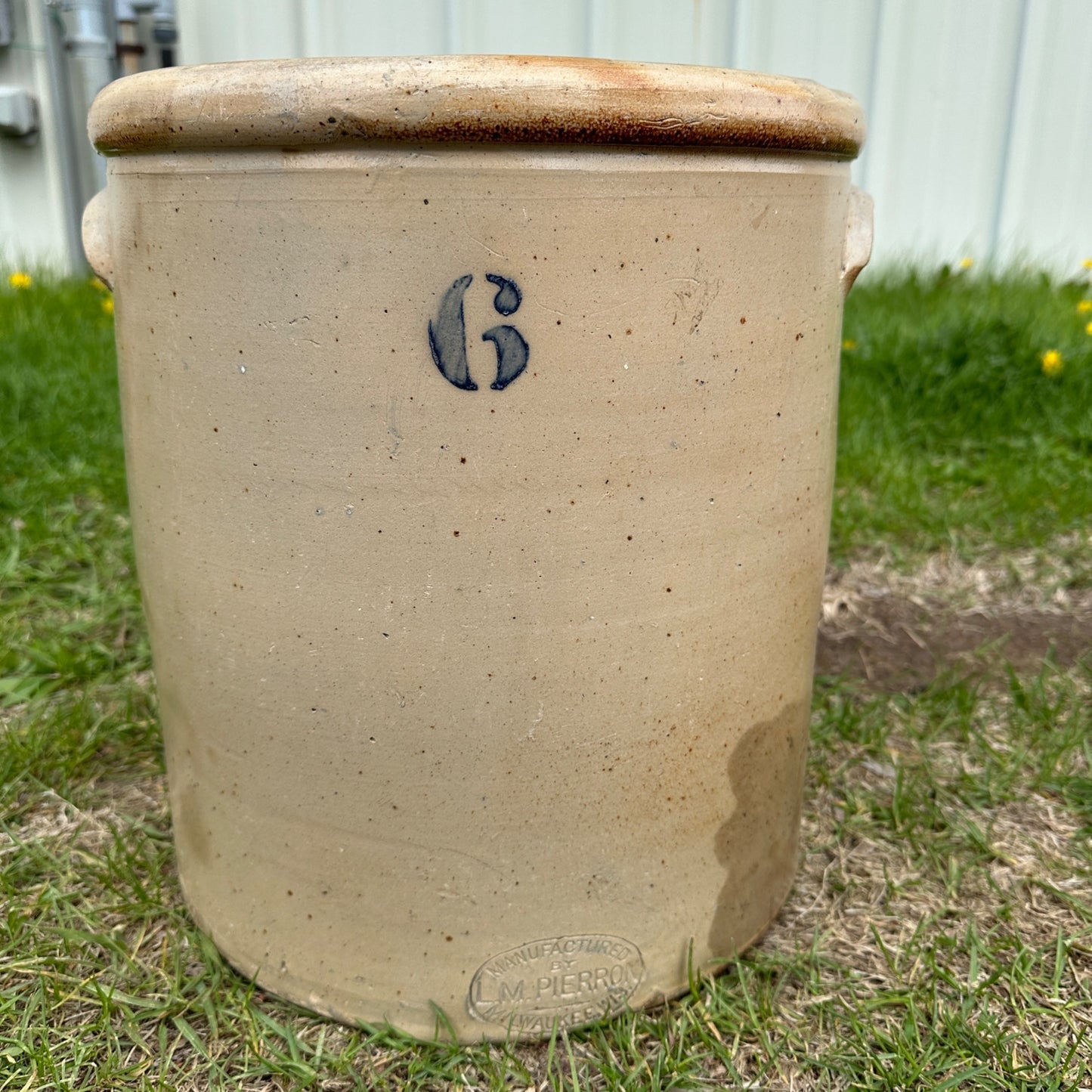 Antique 6 Gallon L.M. Pierron Milwaukee Stoneware Crock Salt Glaze