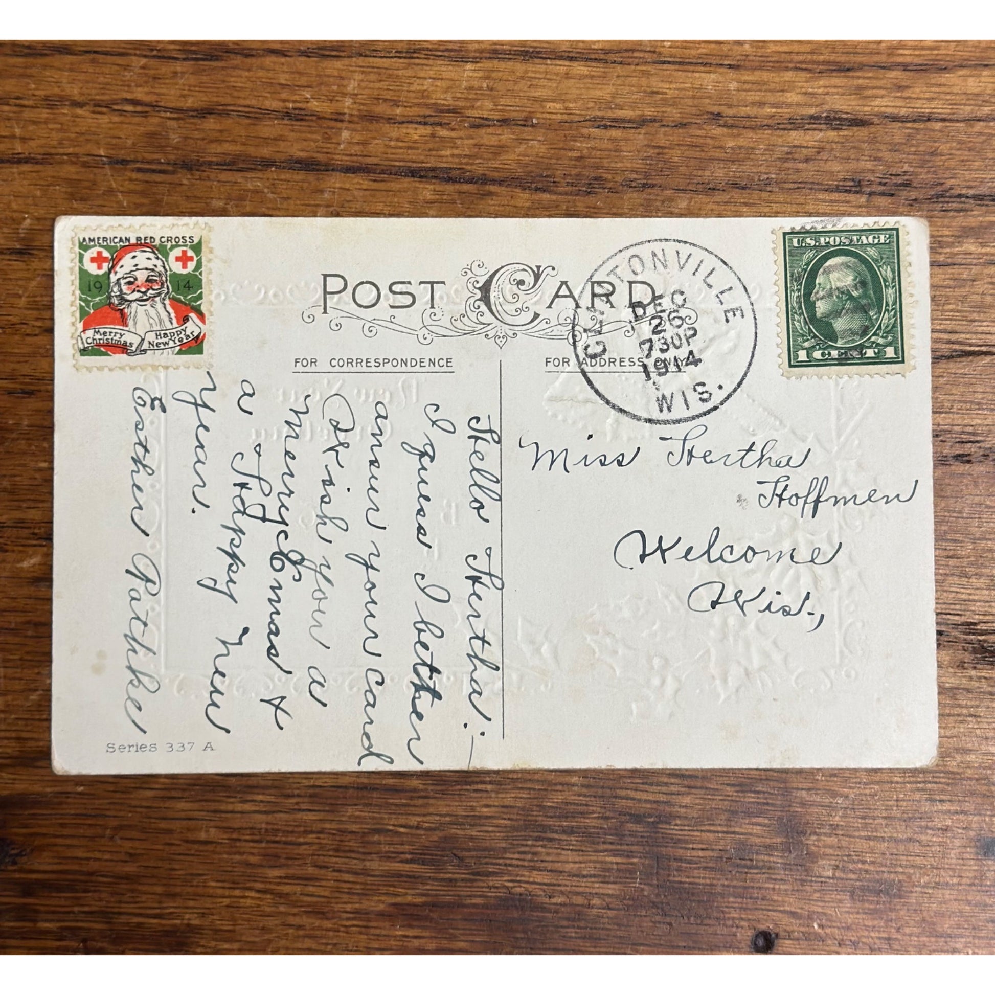 Vintage 1914 Christmas Postcard w/ Christmas Seal Tied American Red Cross
