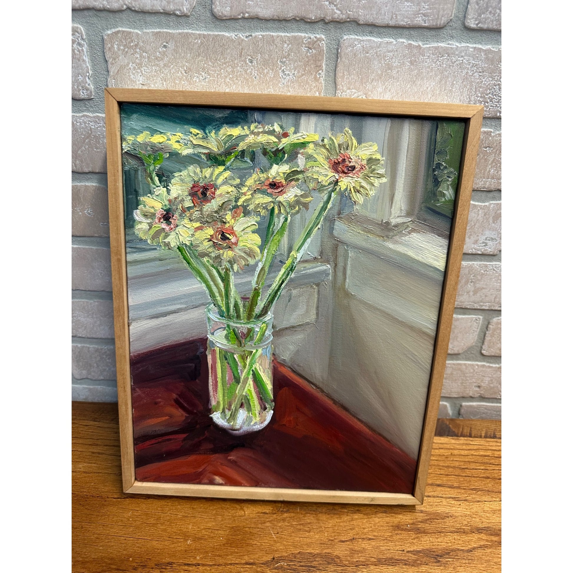 Gerber Daisies Primitive Style Artist Painting Artwork Canvas Framed Sherrod Blankner