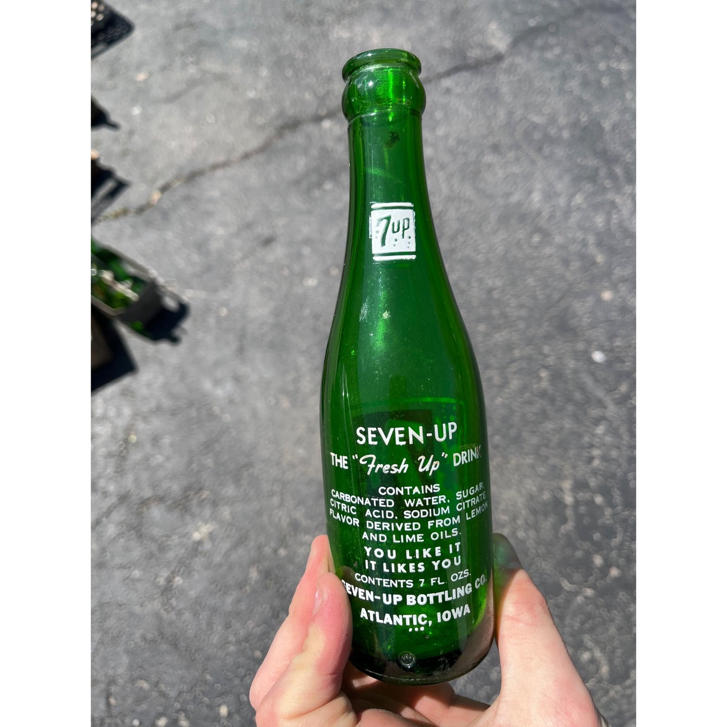 Vintage 7Up Seven-Up Glass Soda Bottle 7oz Swimmer Girl Atlantic Iowa IA