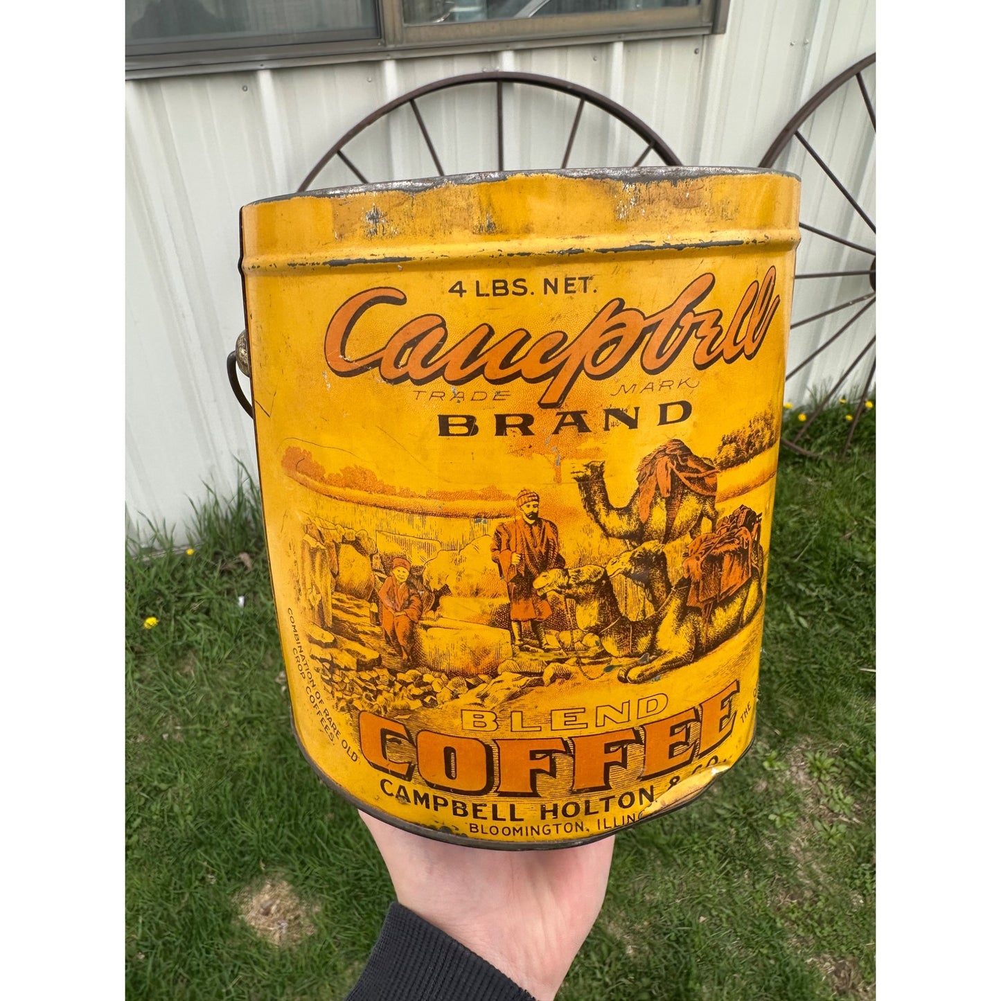 Antique Campbell Holton & Co. Coffee Camels 4lb Tin Pail Advertising Bloomington IL