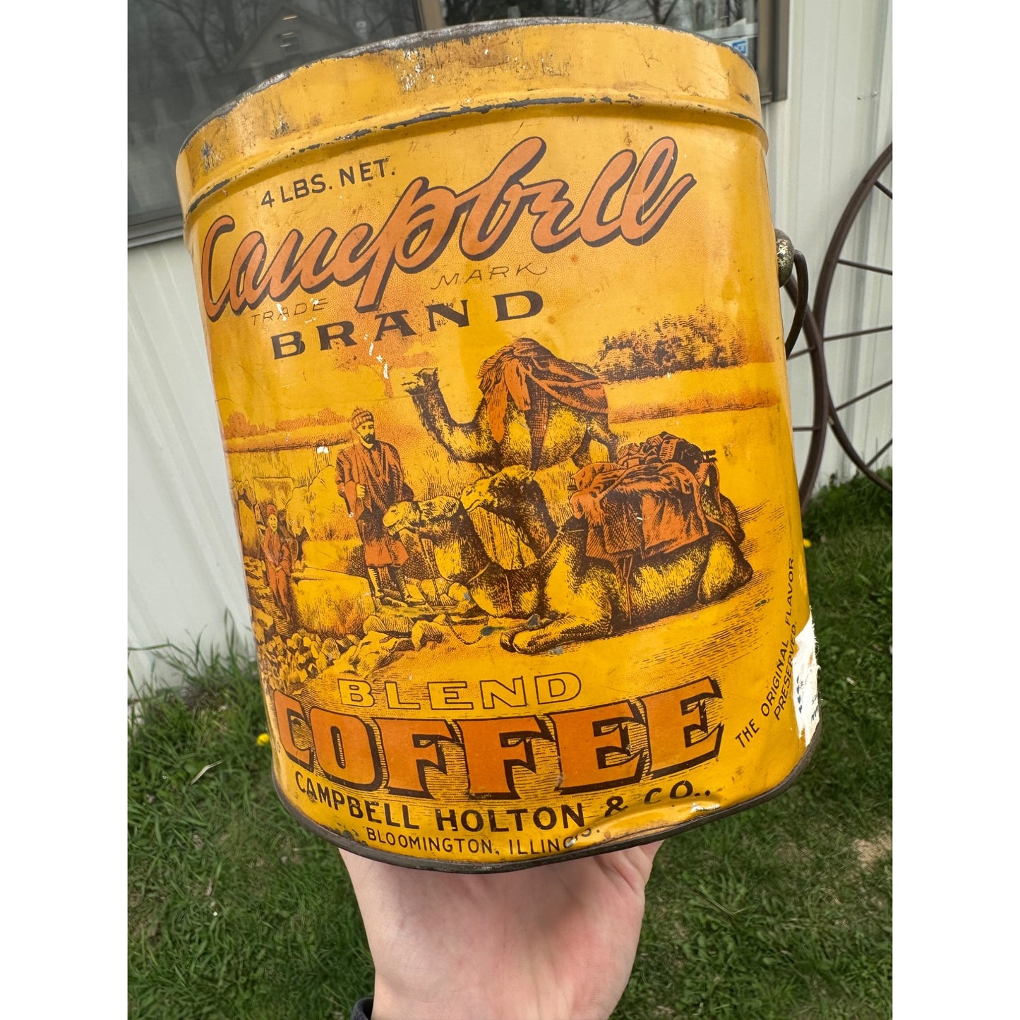 Antique Campbell Holton & Co. Coffee Camels 4lb Tin Pail Advertising Bloomington IL