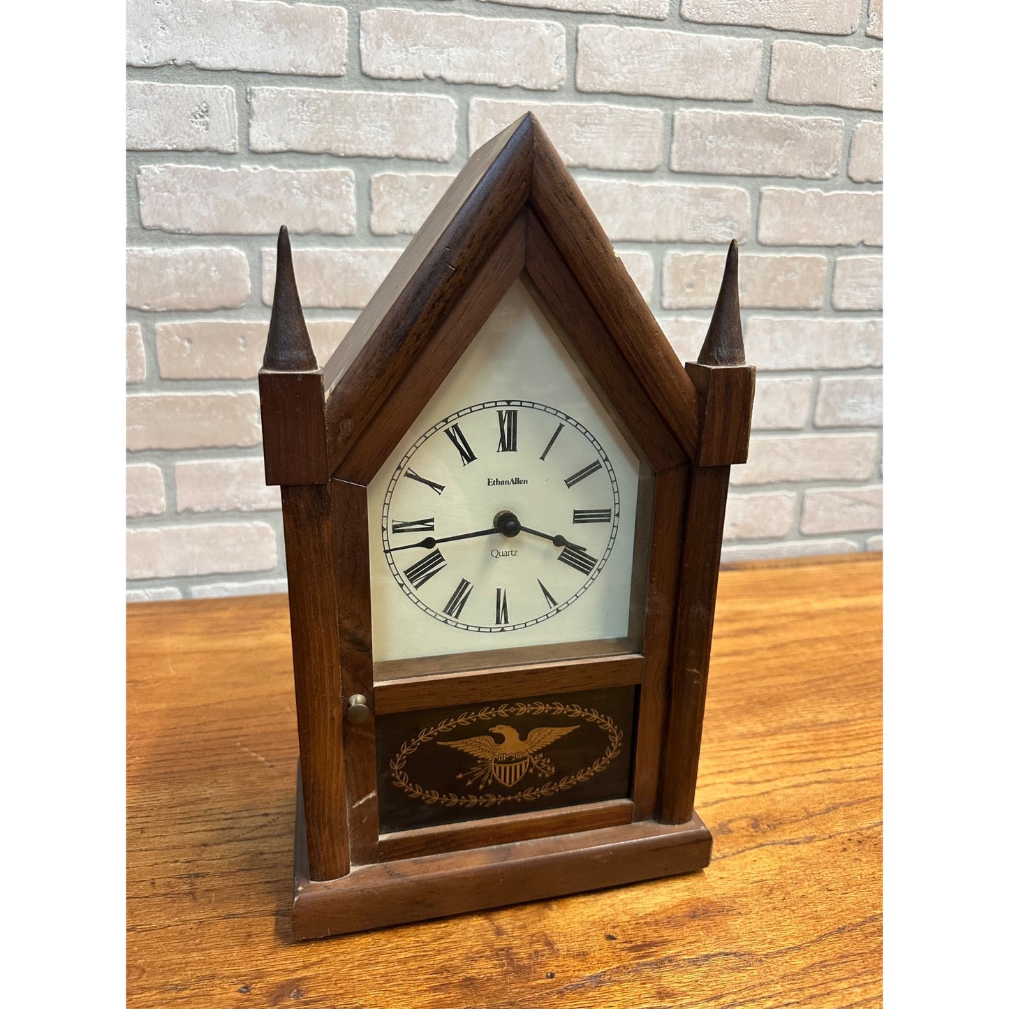 Vintage Ethan Allen Wooden Steeple Mantle Clock Eagle USA Battery Operated 15.5"