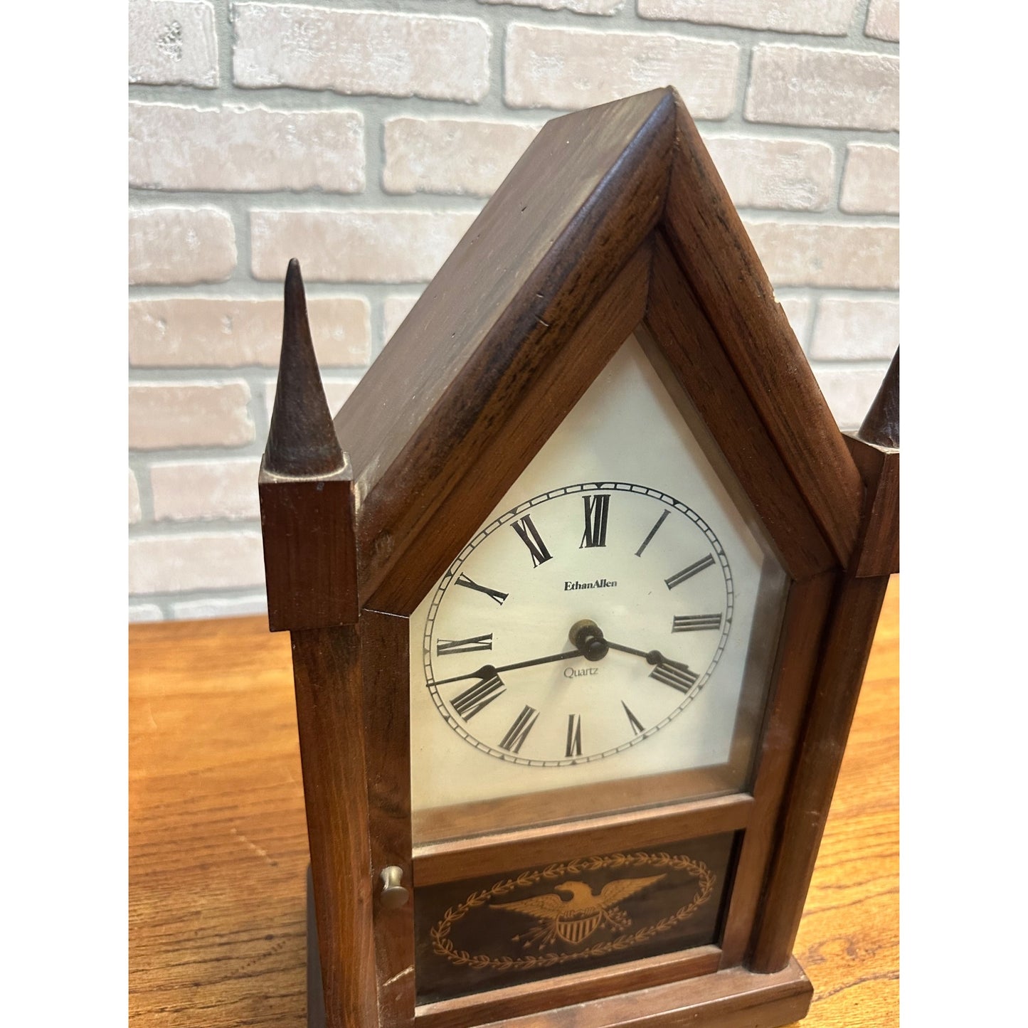 Vintage Ethan Allen Wooden Steeple Mantle Clock Eagle USA Battery Operated 15.5"