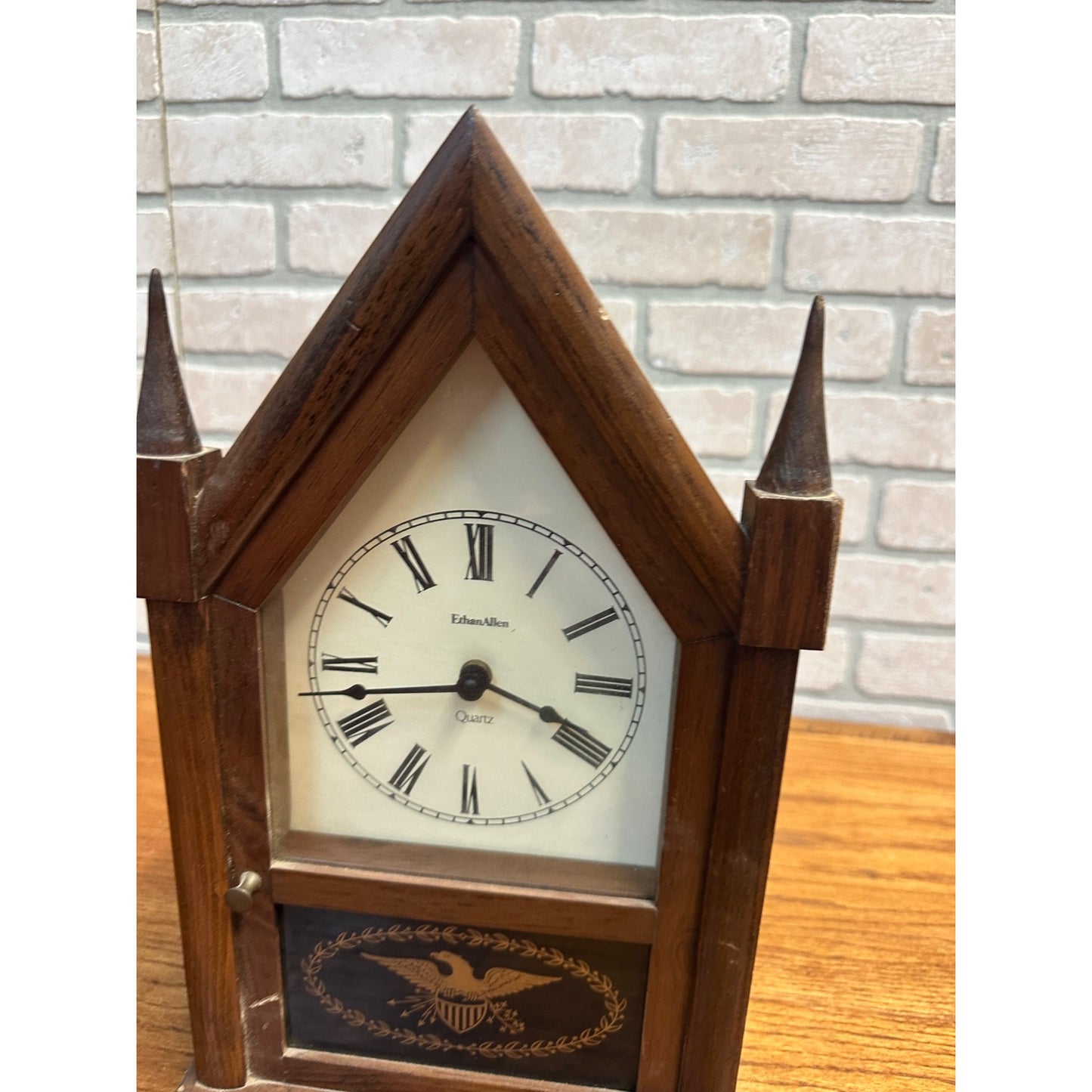 Vintage Ethan Allen Wooden Steeple Mantle Clock Eagle USA Battery Operated 15.5"