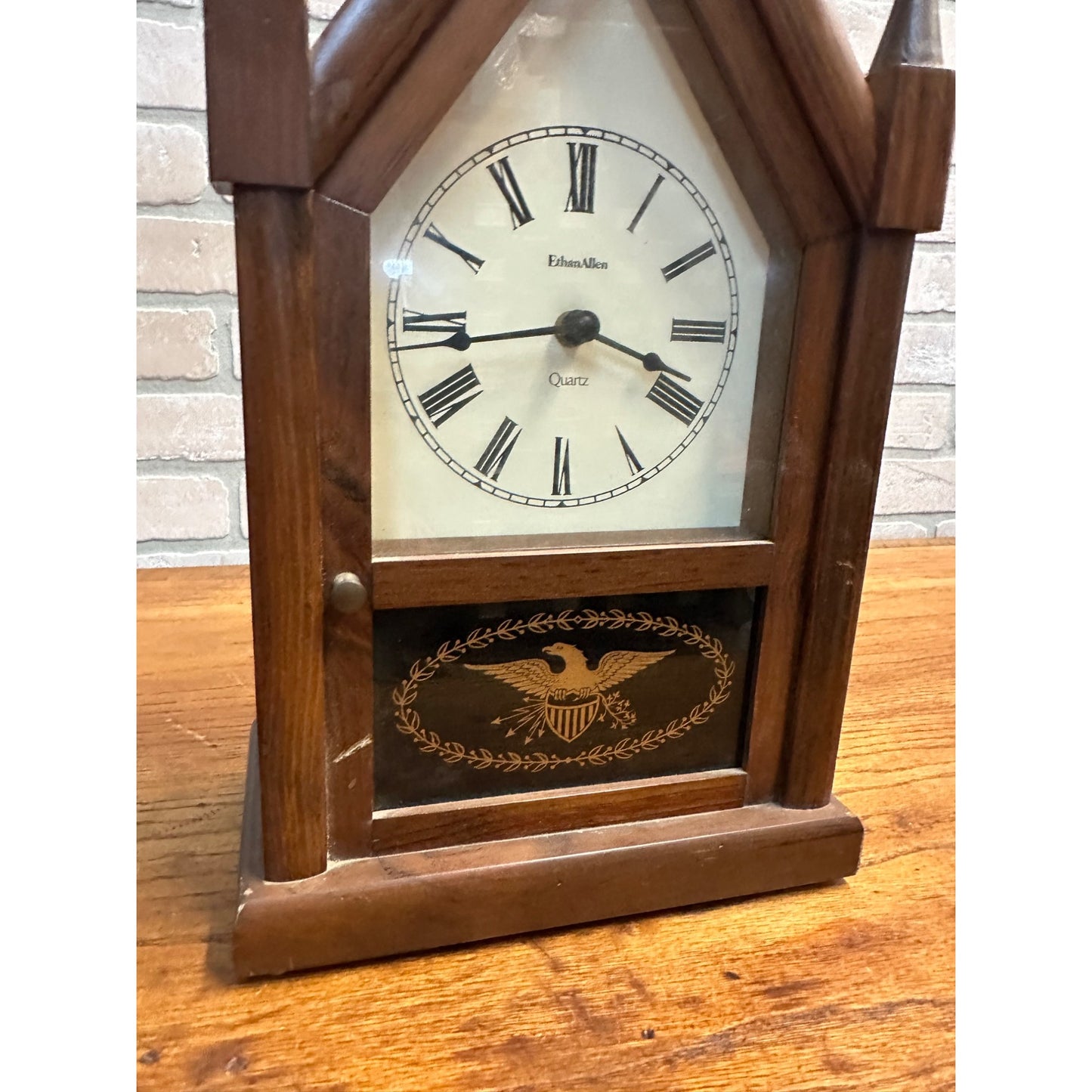 Vintage Ethan Allen Wooden Steeple Mantle Clock Eagle USA Battery Operated 15.5"