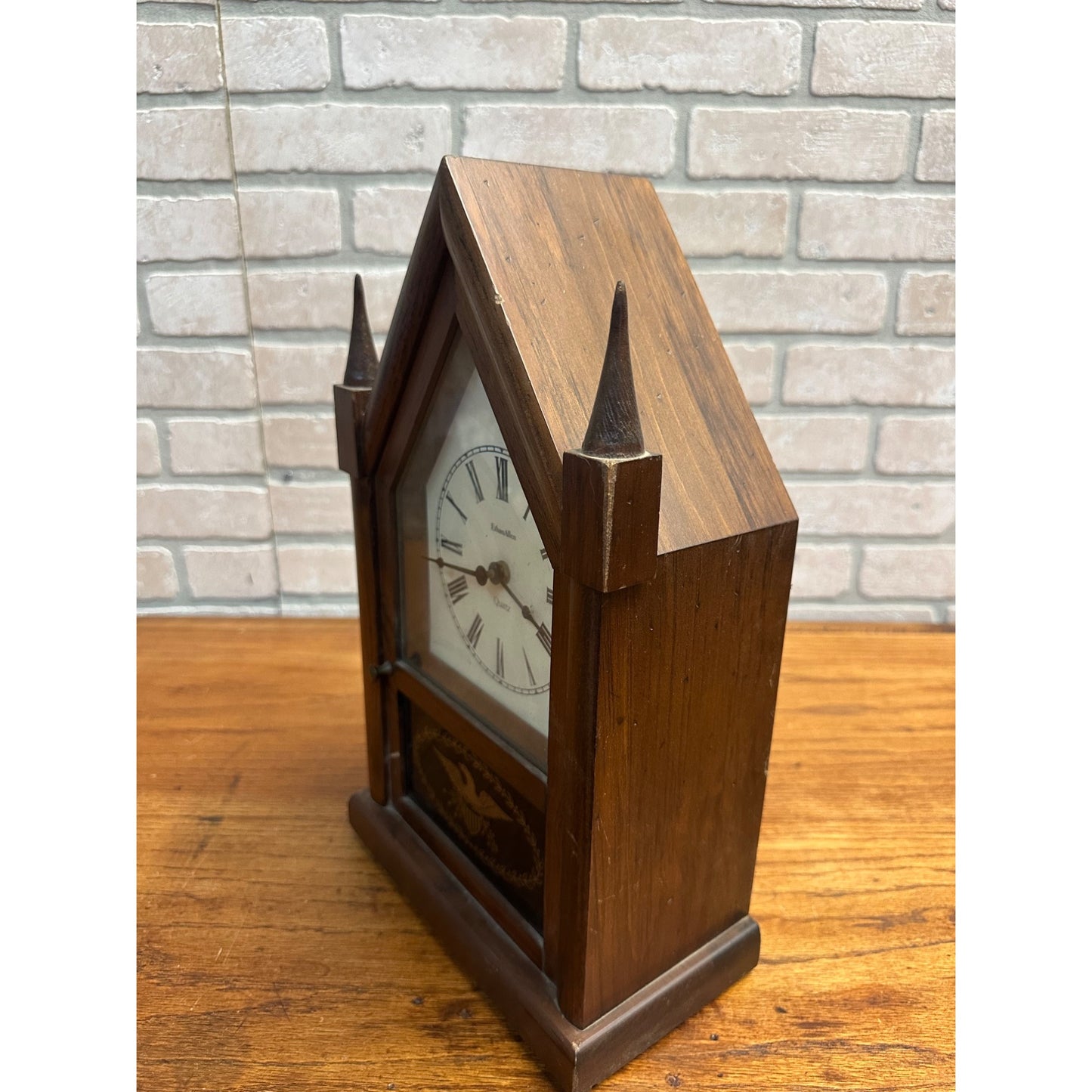 Vintage Ethan Allen Wooden Steeple Mantle Clock Eagle USA Battery Operated 15.5"