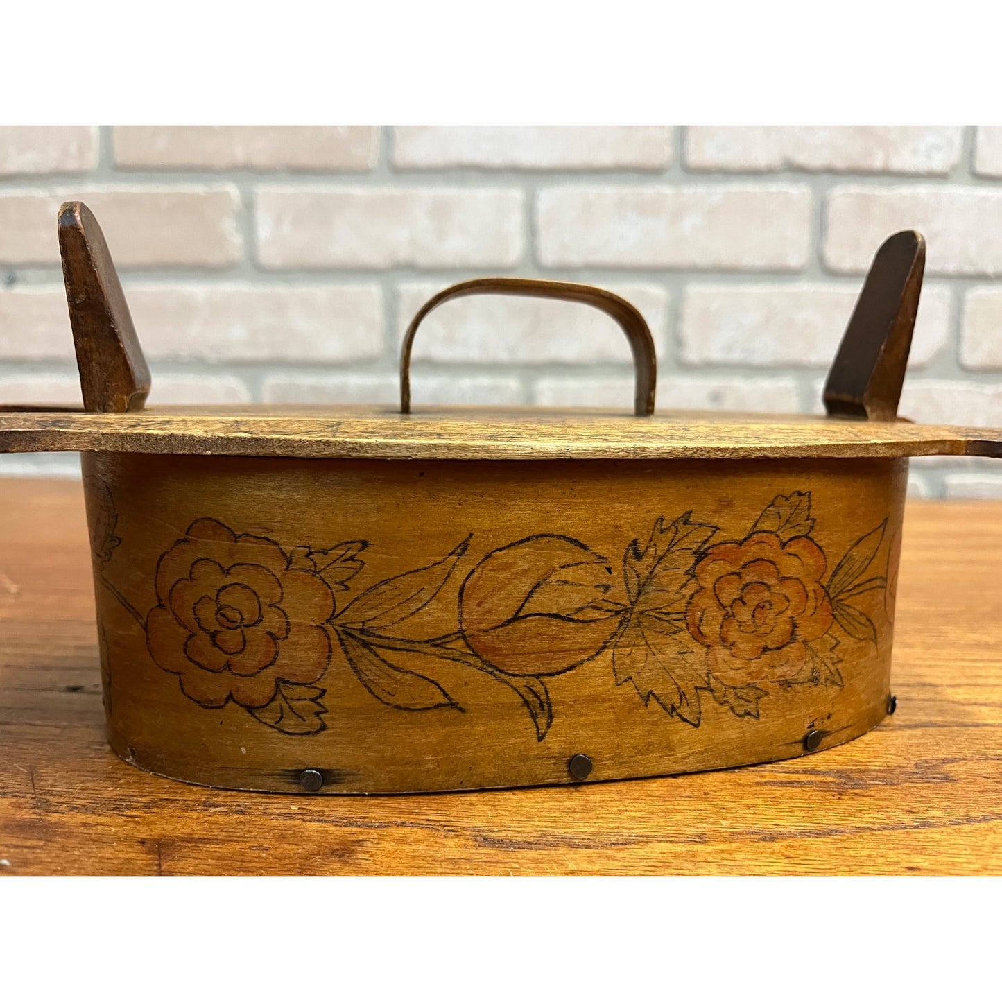 Antique Primitive 1902 Norwegian Butter Box Bentwood 11" Tine Floral Painted