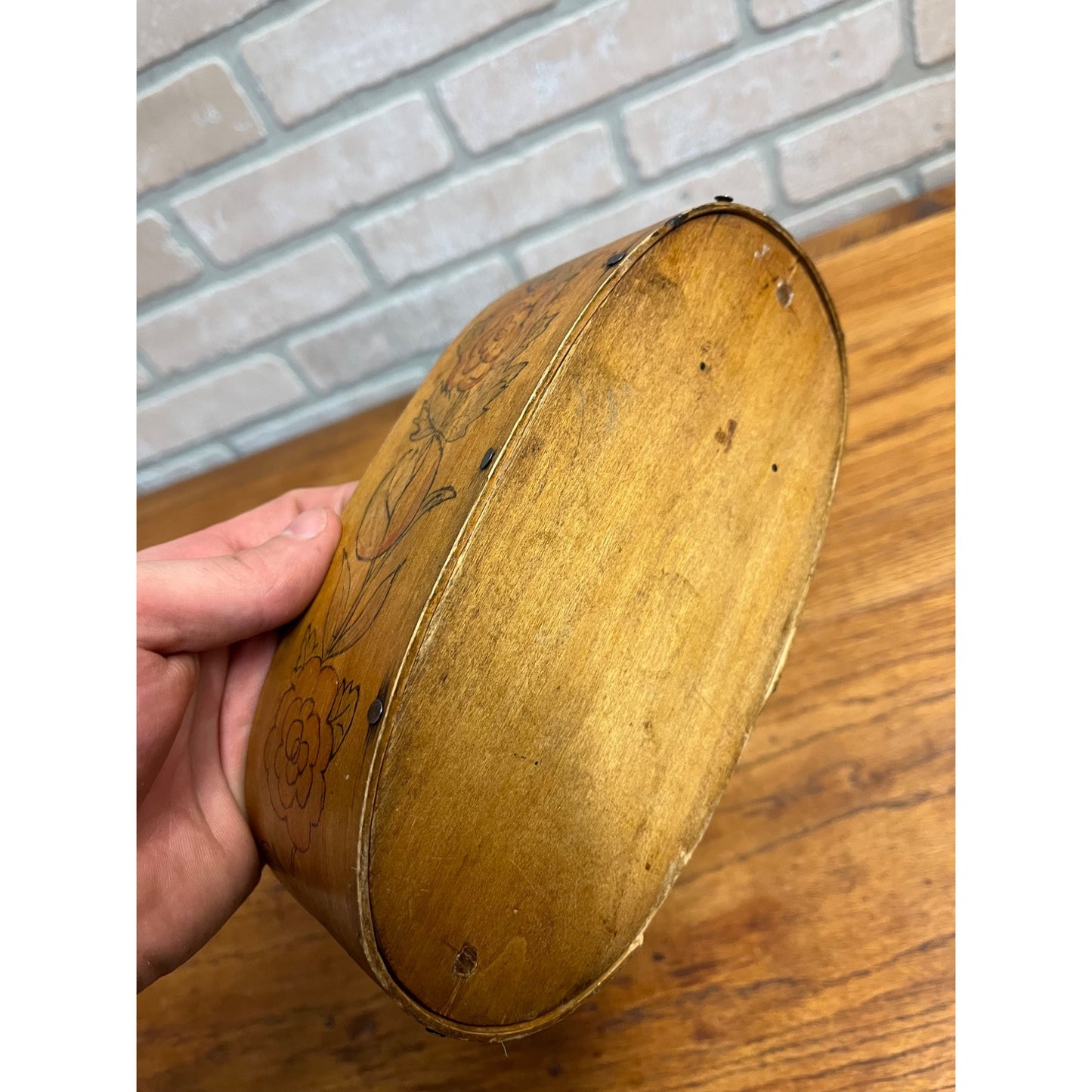 Antique Primitive 1902 Norwegian Butter Box Bentwood 11" Tine Floral Painted