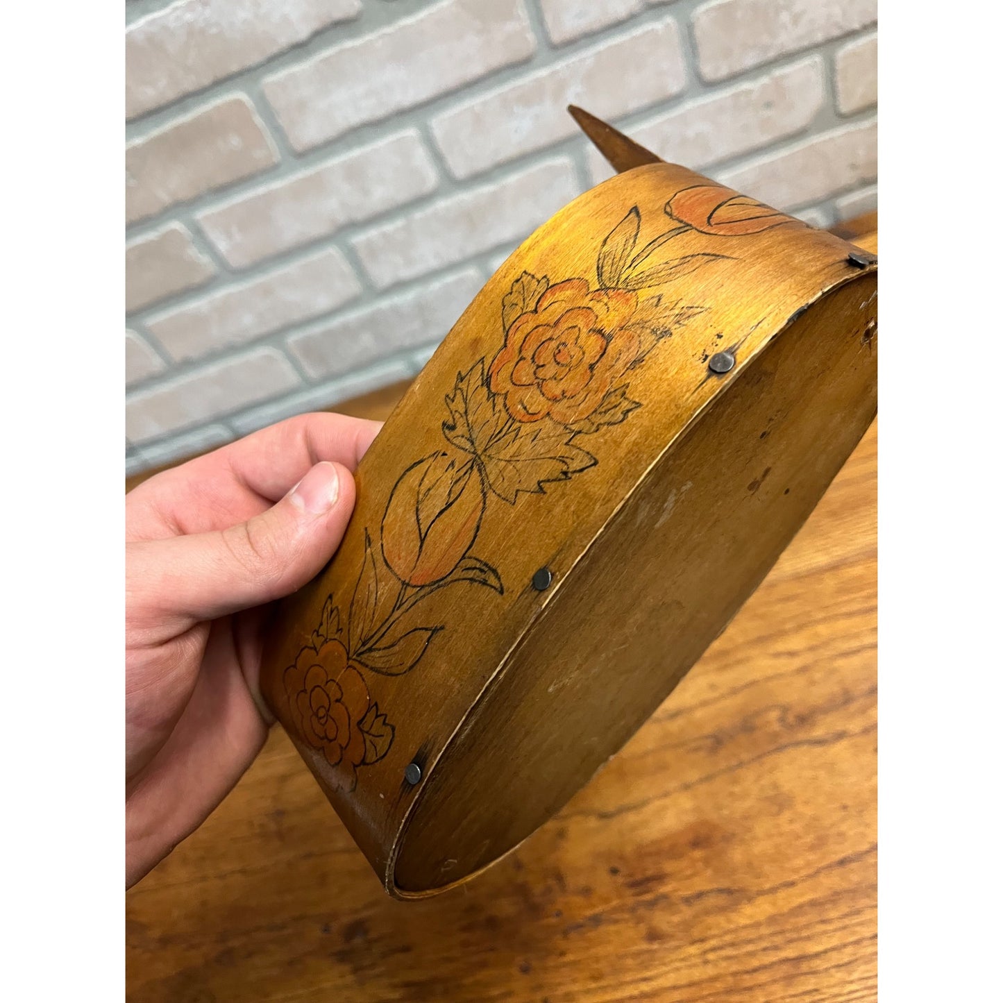 Antique Primitive 1902 Norwegian Butter Box Bentwood 11" Tine Floral Painted