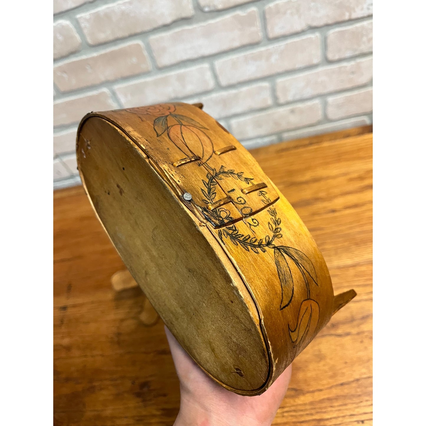 Antique Primitive 1902 Norwegian Butter Box Bentwood 11" Tine Floral Painted