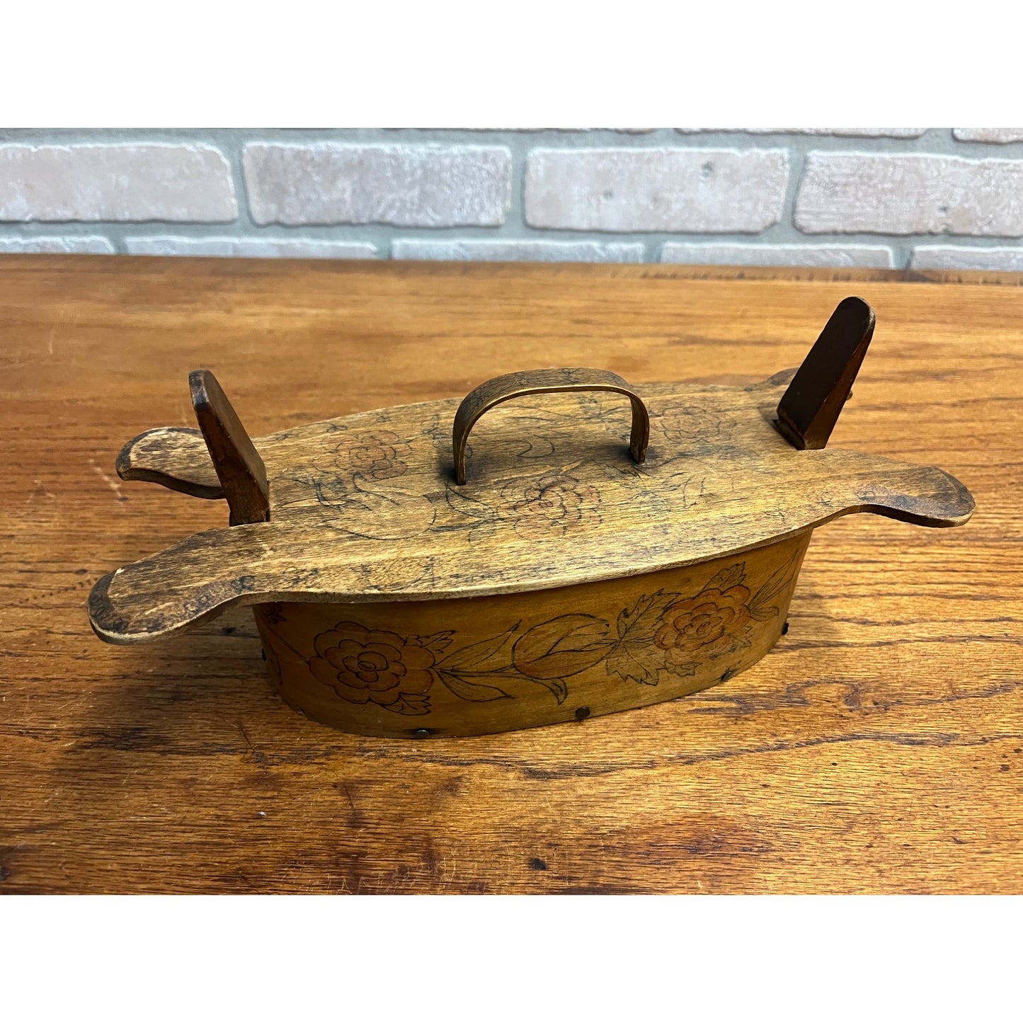 Antique Primitive 1902 Norwegian Butter Box Bentwood 11" Tine Floral Painted