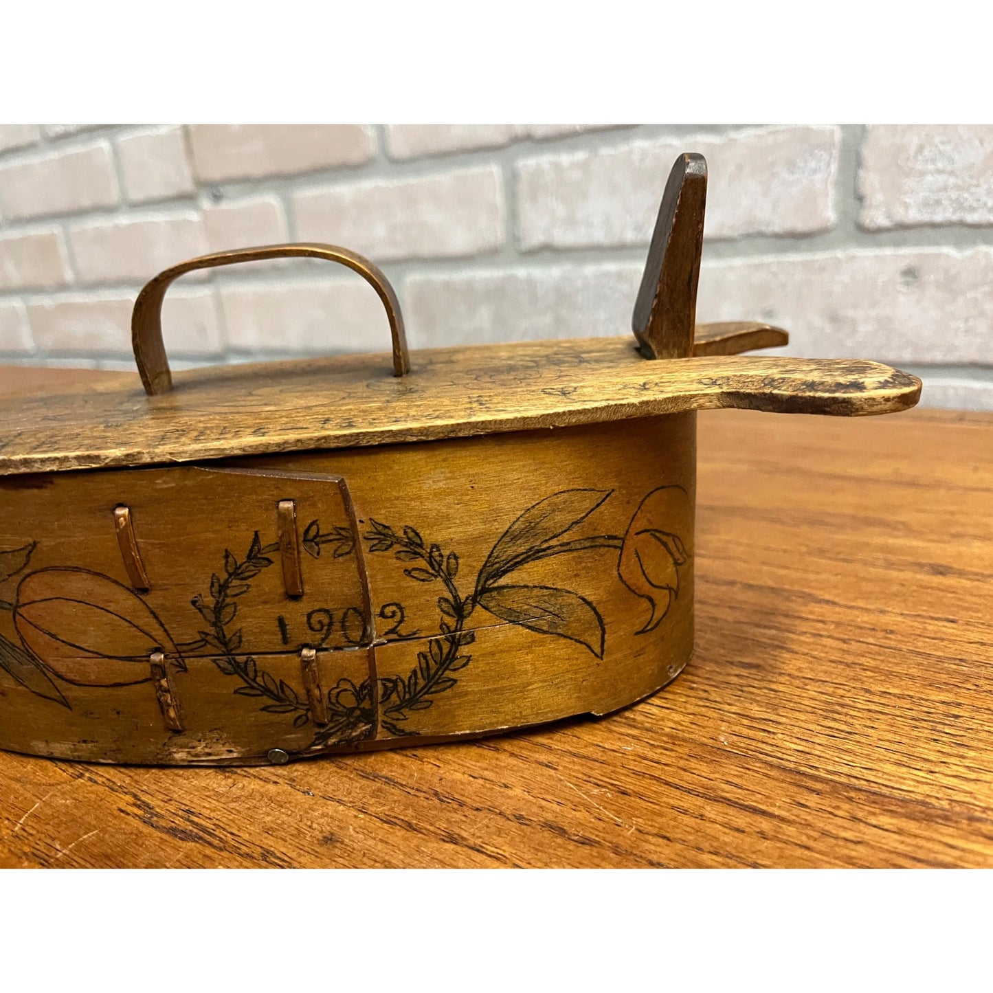 Antique Primitive 1902 Norwegian Butter Box Bentwood 11" Tine Floral Painted
