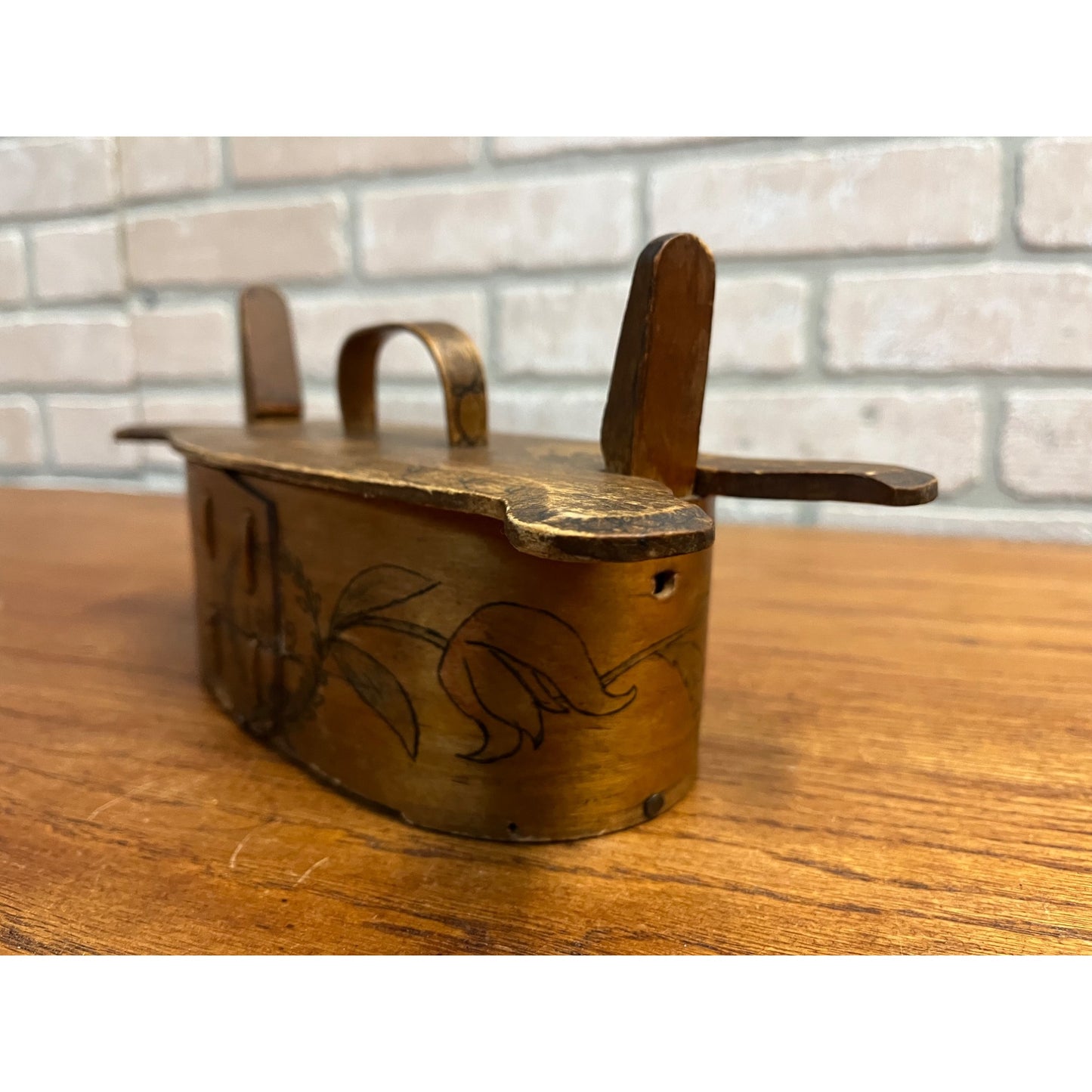 Antique Primitive 1902 Norwegian Butter Box Bentwood 11" Tine Floral Painted