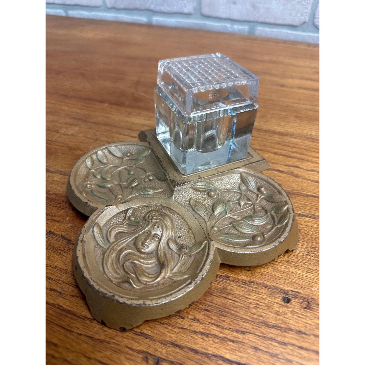 Antique Victorian Art Nouveau Cast Iron Inkwell Tray Woman