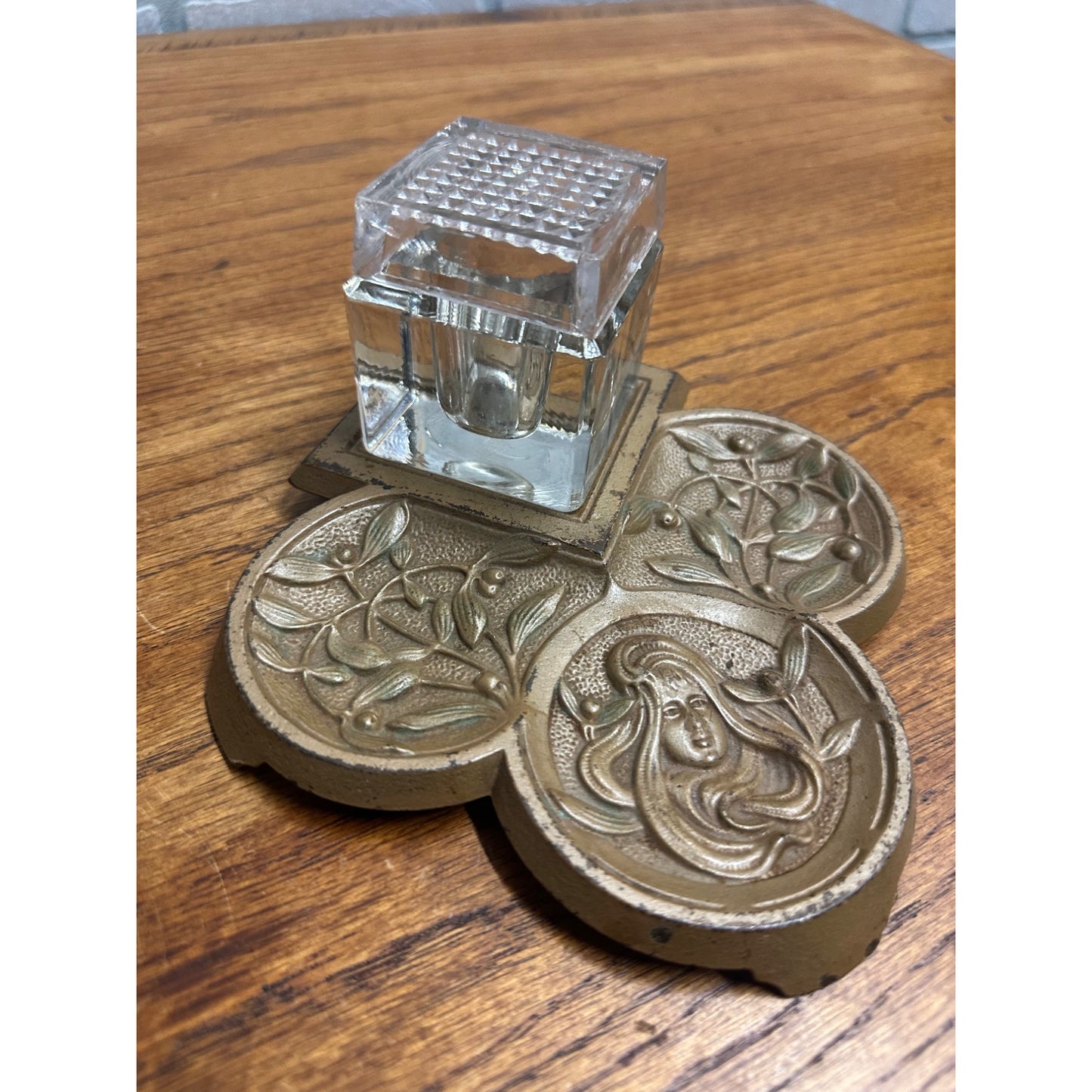Antique Victorian Art Nouveau Cast Iron Inkwell Tray Woman