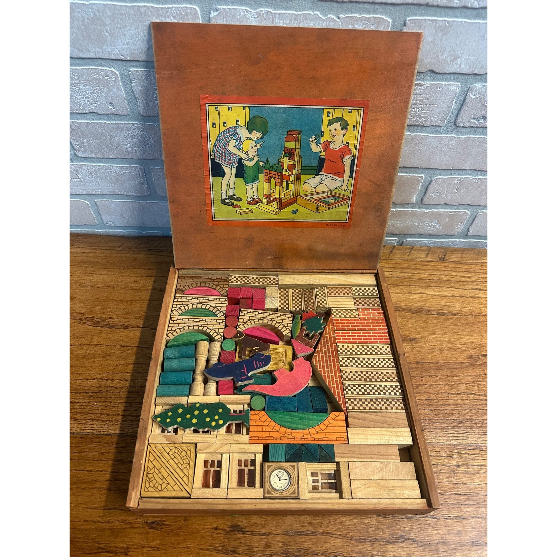 Vintage Wooden Architectural Building Blocks Child's Toy Dovetail Box Japan