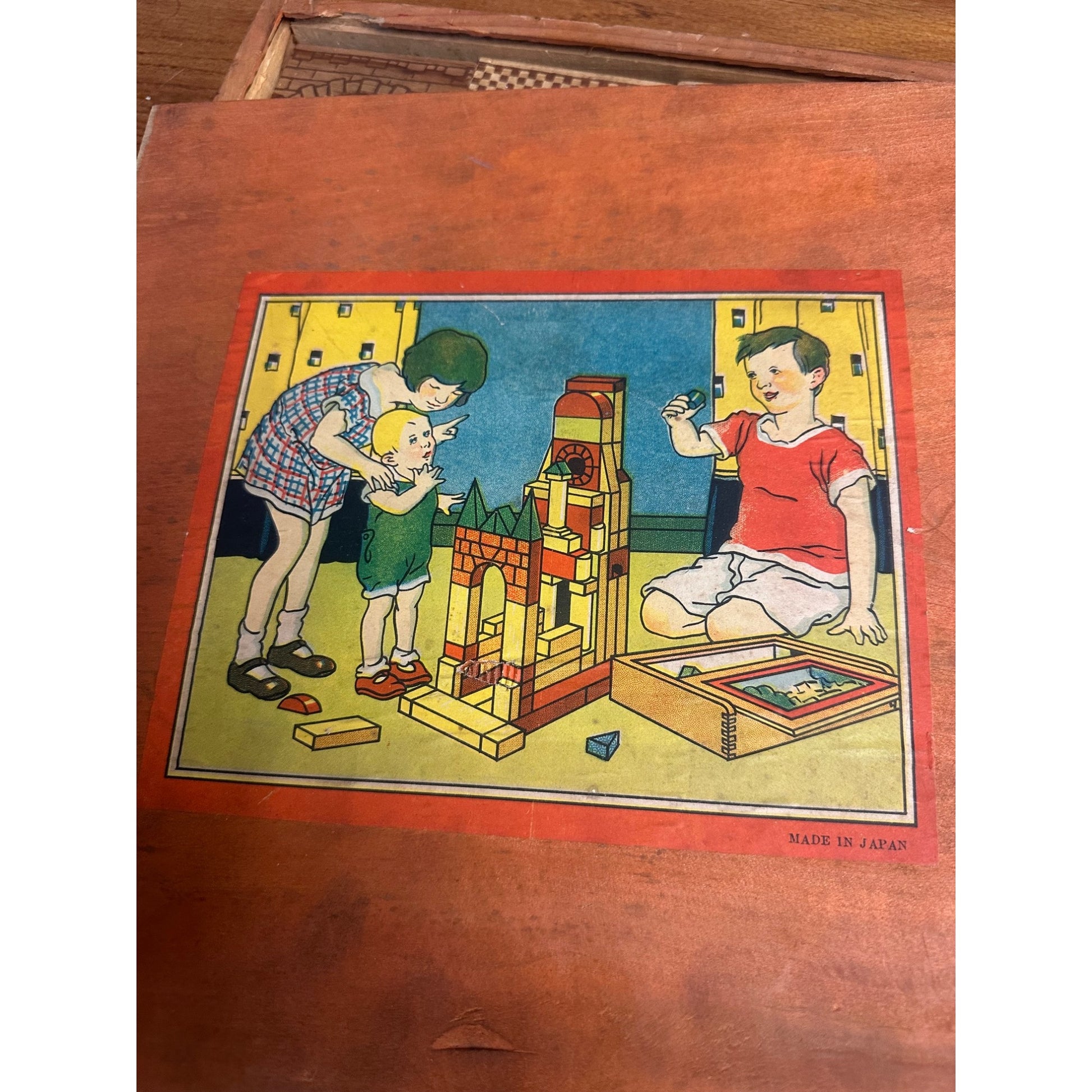 Vintage Wooden Architectural Building Blocks Child's Toy Dovetail Box Japan