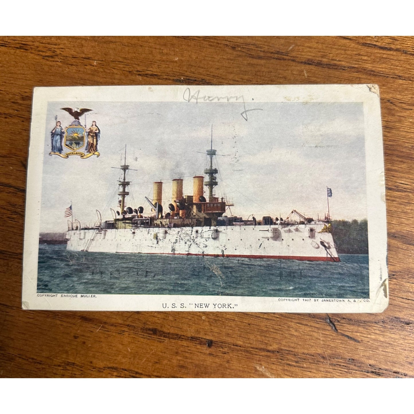 Vintage 1907 Soldier Written Postcard USS New York Battleship Postcard