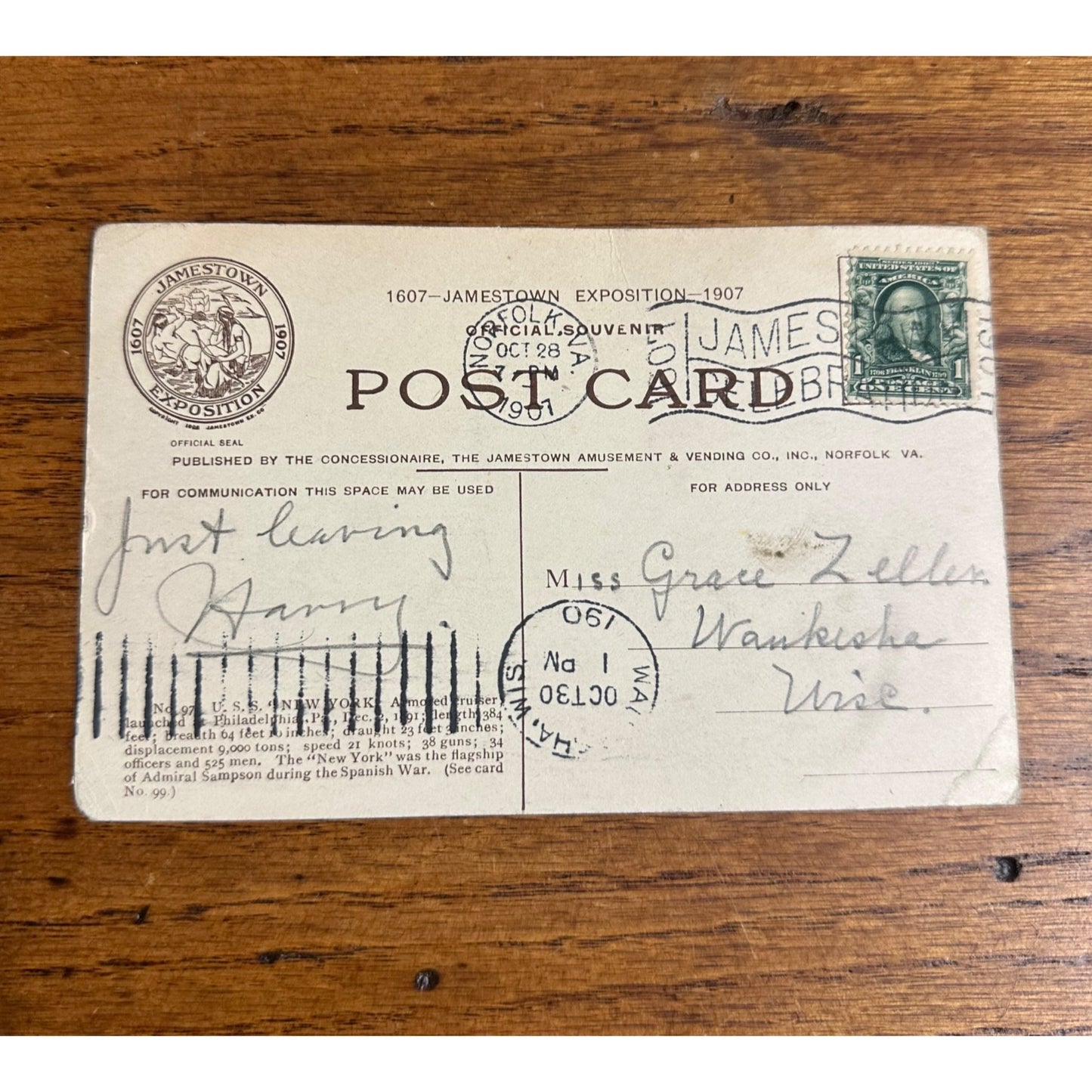 Vintage 1907 Soldier Written Postcard USS New York Battleship Postcard