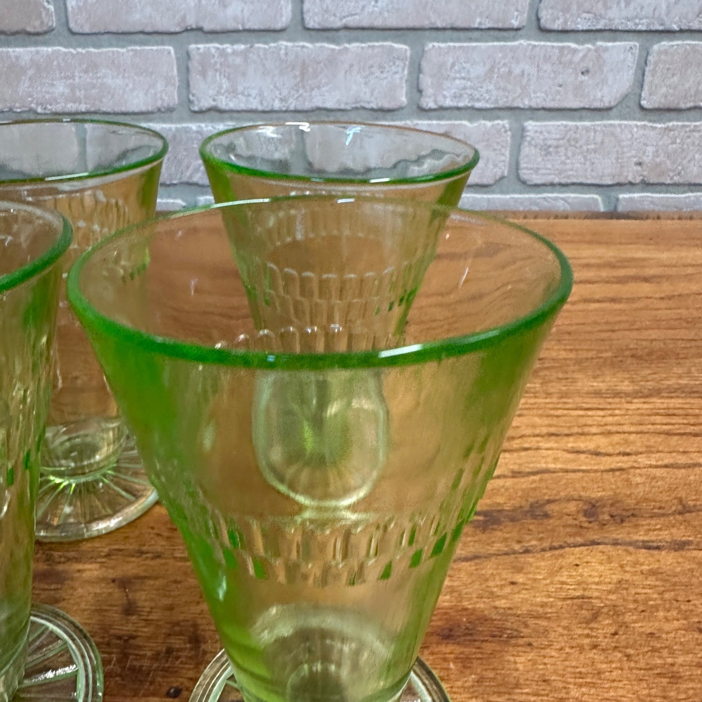 4pc Anchor Hocking Roulette Ice Tea Tumblers Uranium Vasline Depression Glass
