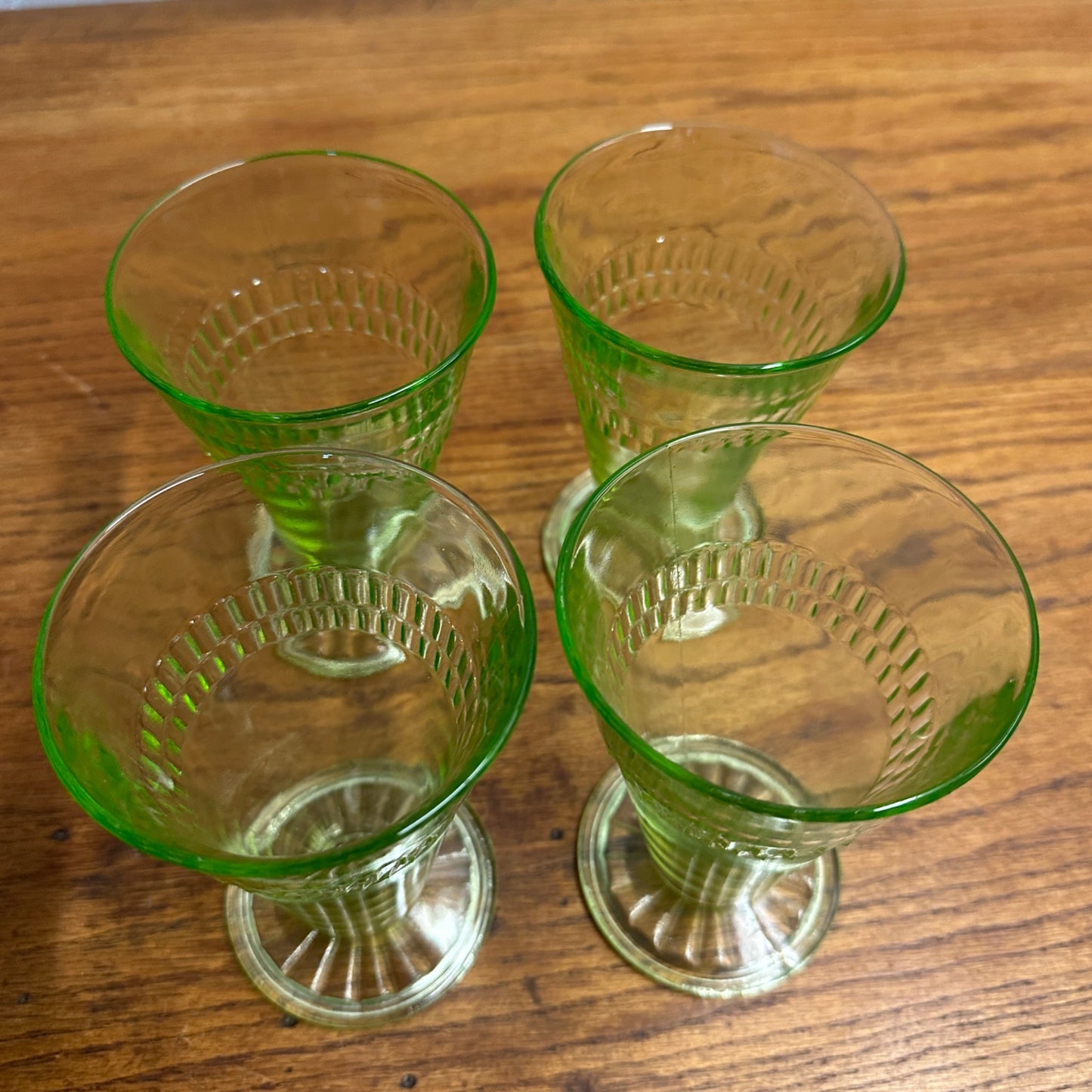 4pc Anchor Hocking Roulette Ice Tea Tumblers Uranium Vasline Depression Glass