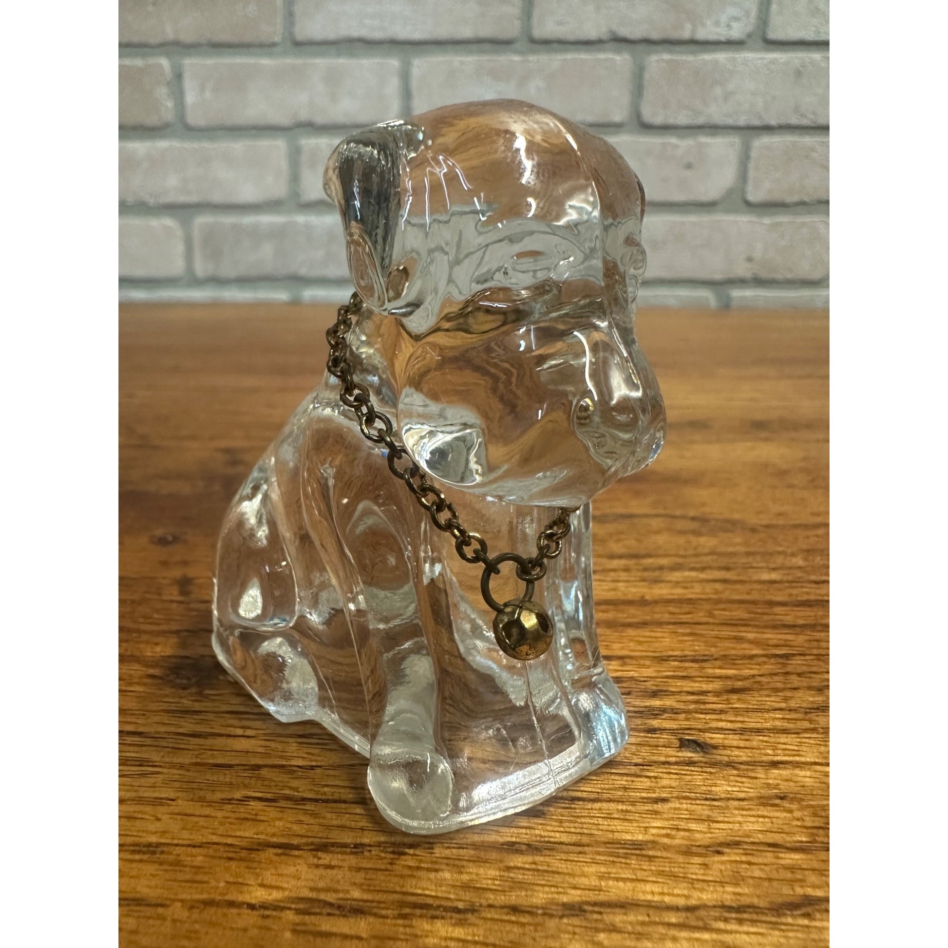Vintage Degenhart Clear Glass 3" Sitting Dog Pooche Figurine w/ Chain