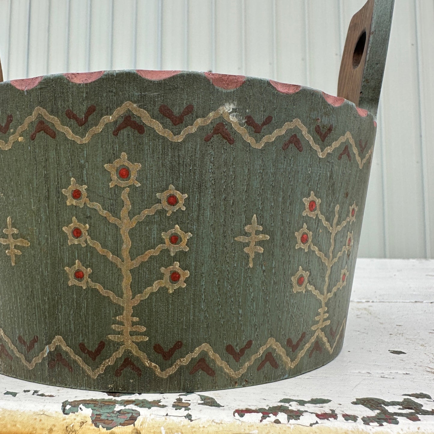 ANRI 1960s Wooden Bucket Painted Primitive Country Folky Green