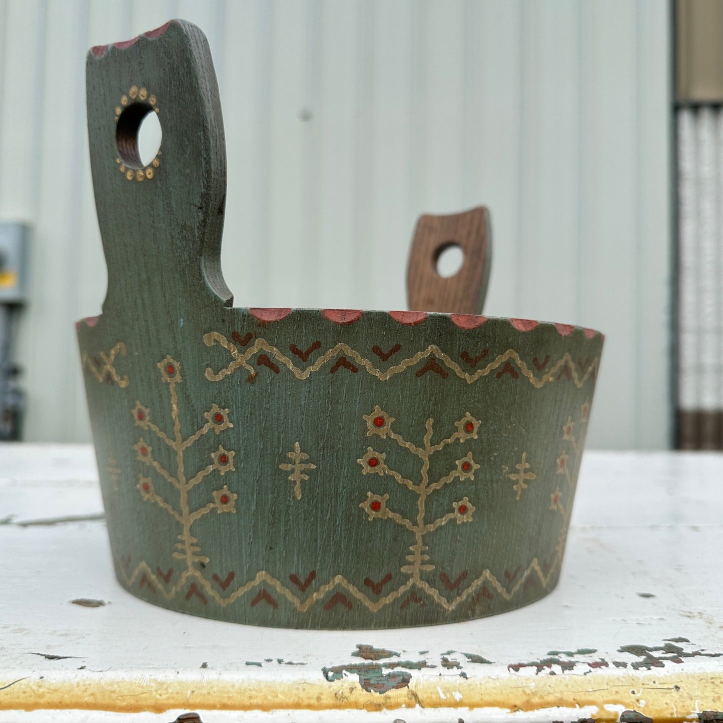 ANRI 1960s Wooden Bucket Painted Primitive Country Folky Green