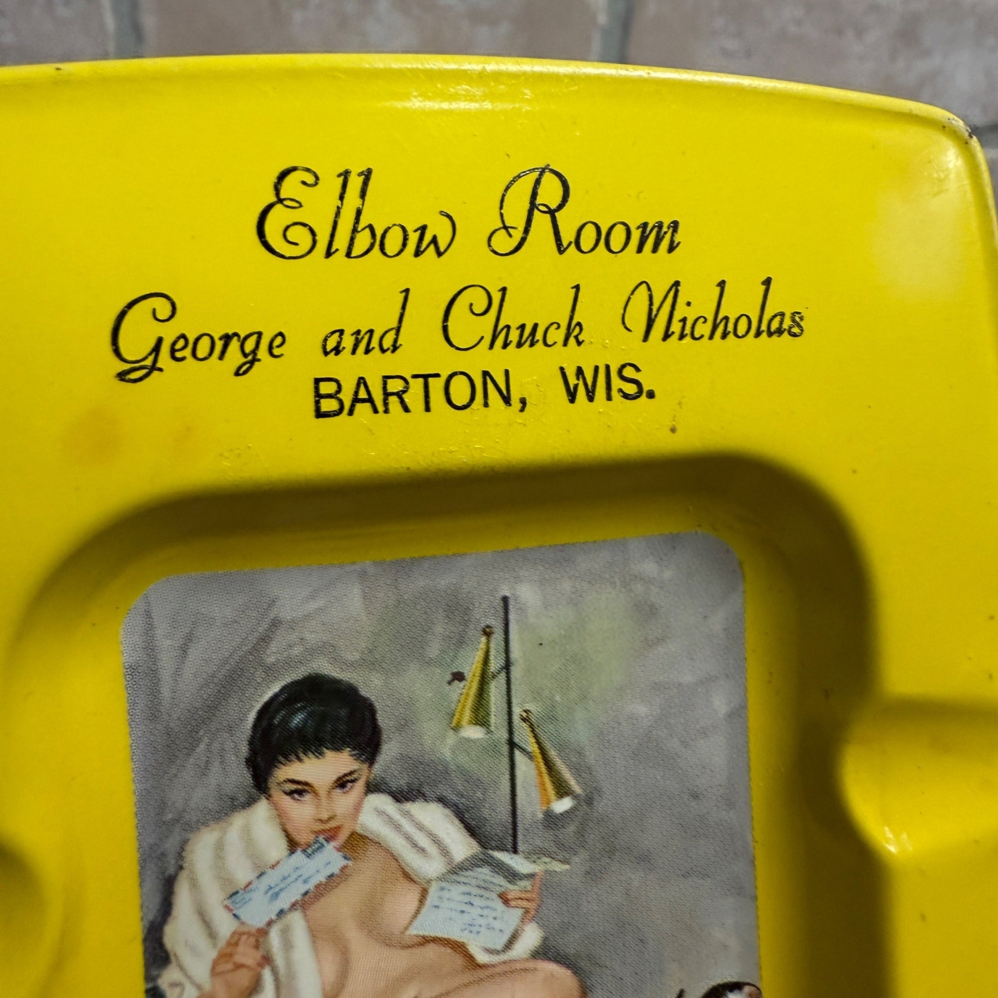Vintage 1950s Elbow Room Bar Tavern Advertising Ashtray Barton Wisconsin Pinup