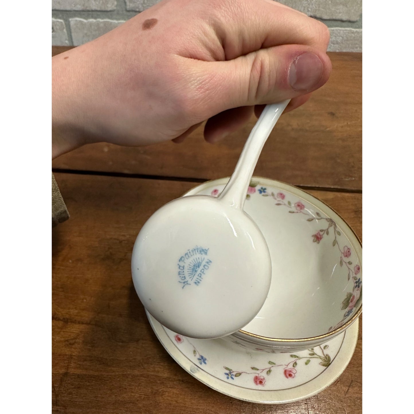 Vintage Nippon Hand Painted Condiment Mayo Bowl w/ Ladle + Plate Platter Pink Rose