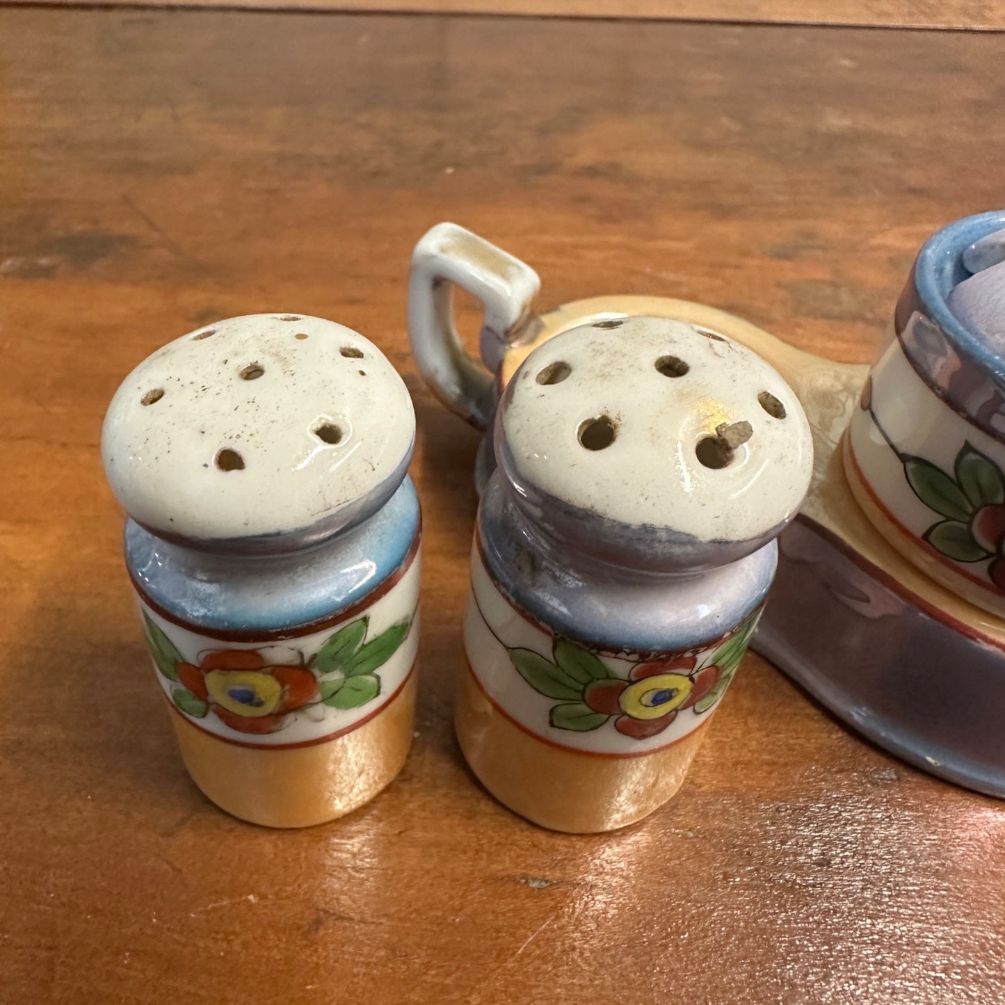 Vintage 1930s Takito Japan Lusterware Salt & Pepper & Mustard Set Floral